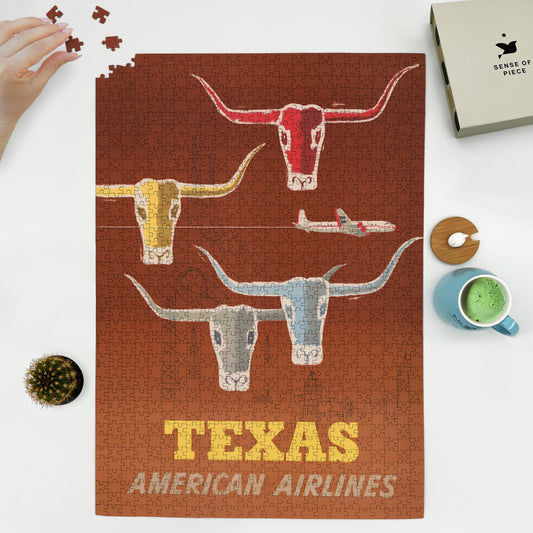 1000 piece puzzle 1953 Texas – American Airlines Martin Glanzman vintage  Flying Poster Showing Texas Bulls