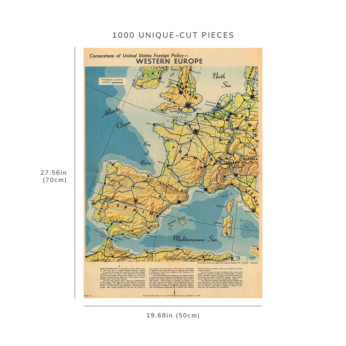 1000 piece puzzle - 1954 Map of Western Europe | Jigsaw Puzzle Game for Adults Hand made