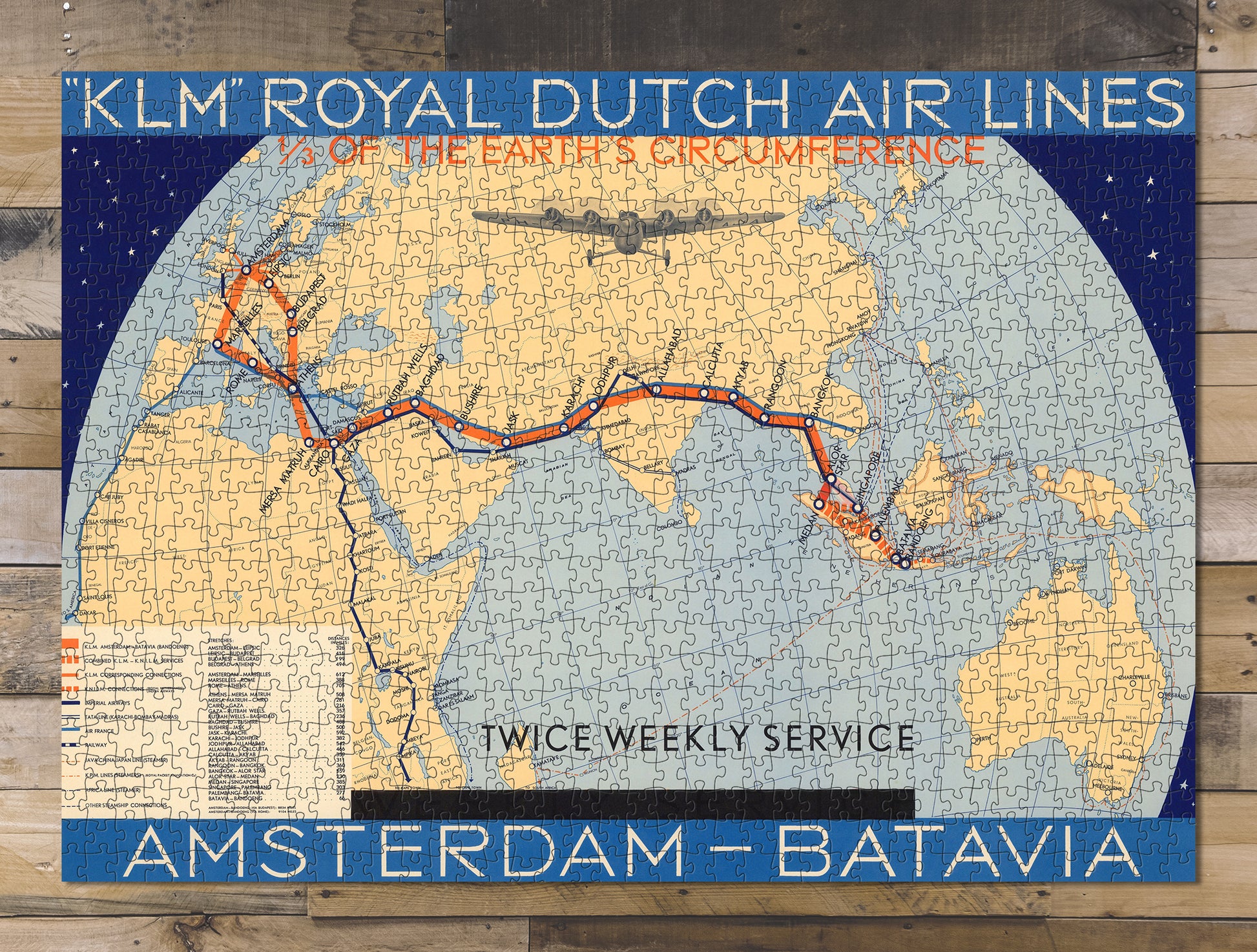 1000 piece puzzle 1934 Map of KLM Royal Dutch Airlines Amsterdam-Batavia Weekly Service 
