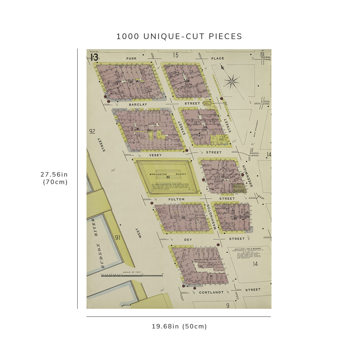 1000 Piece Jigsaw Puzzle: 1884 Map of New York Manhattan, V. 1, Plate No. 13 Map