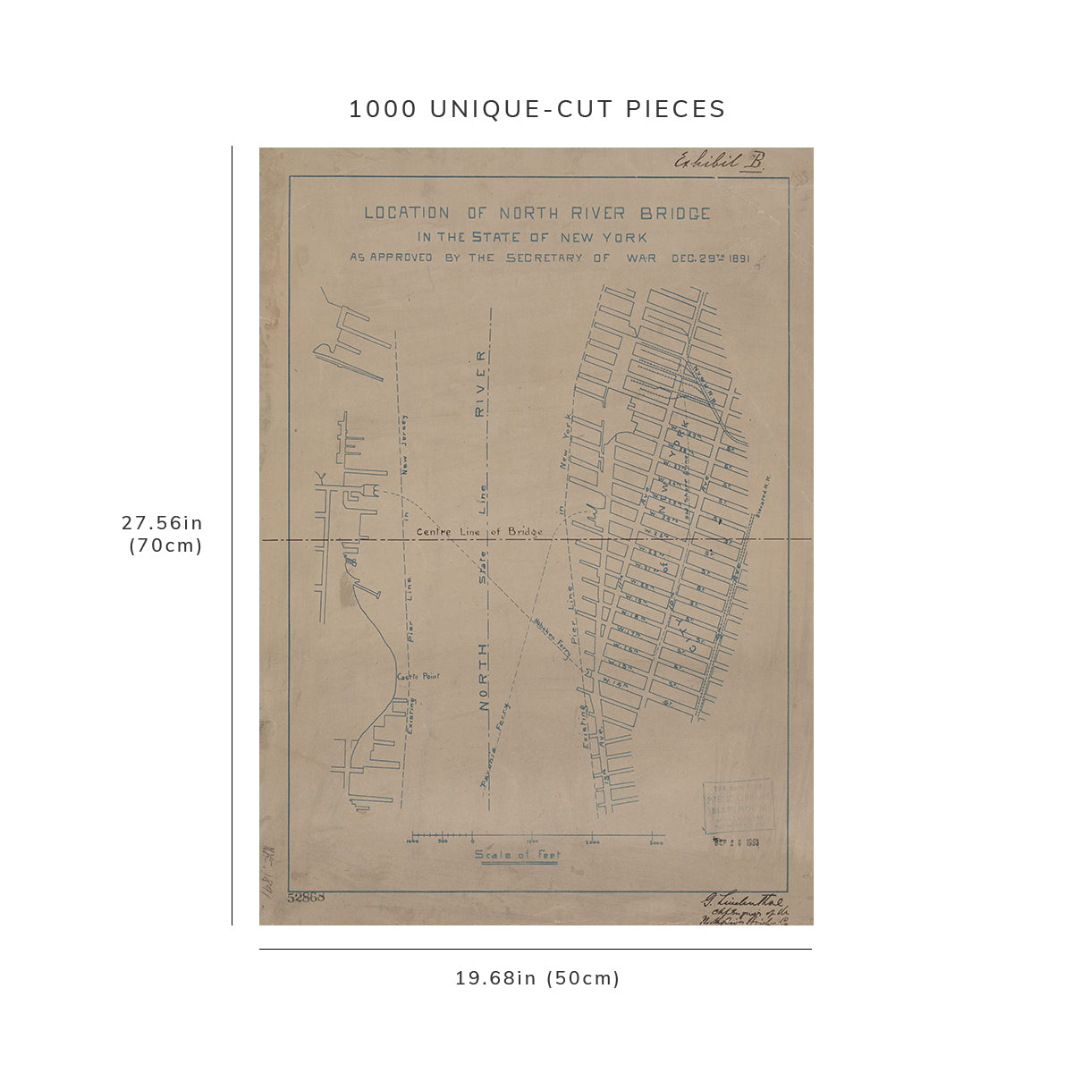 1000 Piece Jigsaw Puzzle: 1891 Map of New York, N.Y. Location of North River Bridge