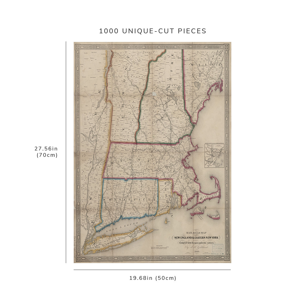 1000 Piece Jigsaw Puzzle: 1849 Map of 8 State St. Boston Railroad Map of New England