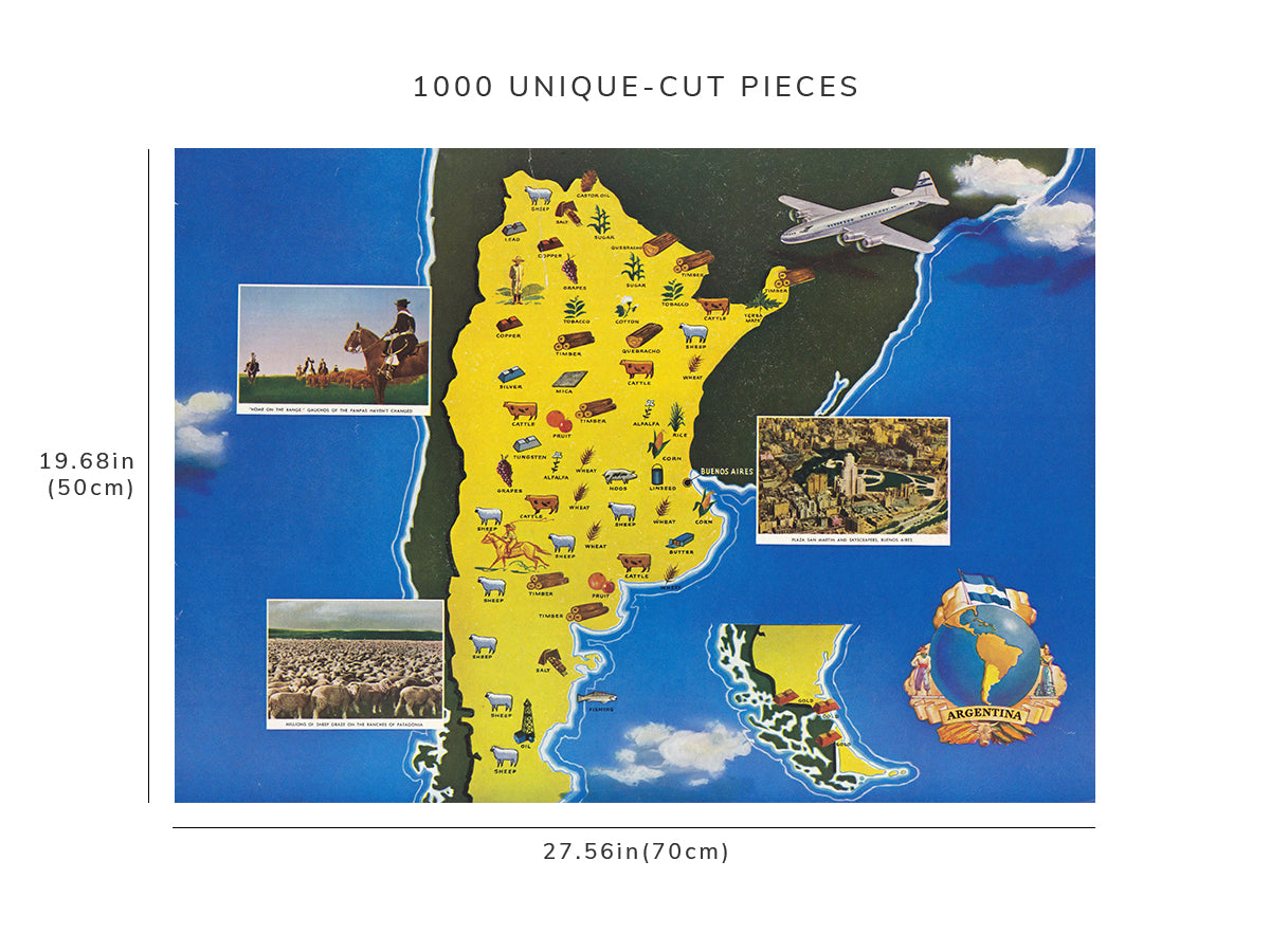 1000 piece puzzle - 1950 Map of Argentina | Jigsaw Puzzle Game for Adults | Birthday Present Gifts