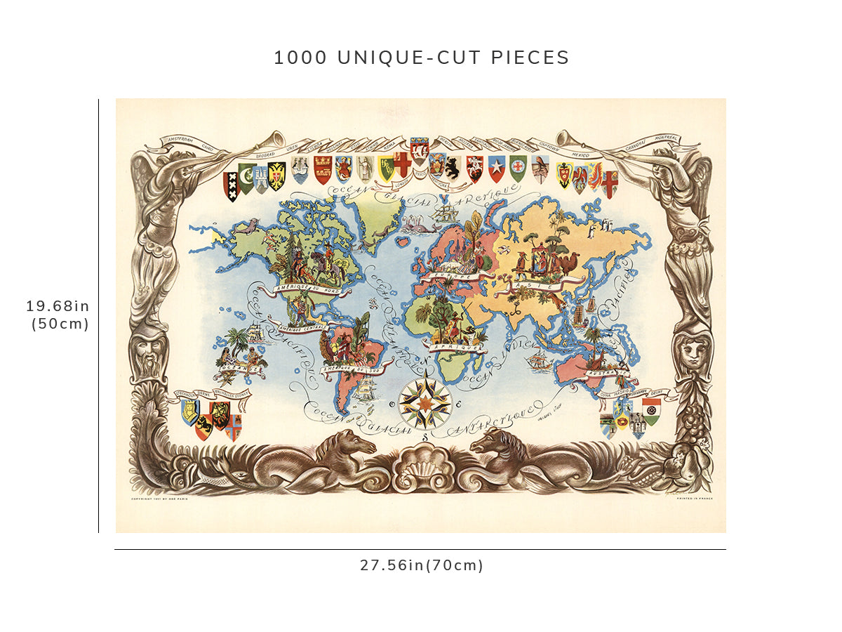 1000 piece puzzle - 1951 Pictorial Map of World | Family Entertainment | Fun Indoor Activity | Jigsaw games
