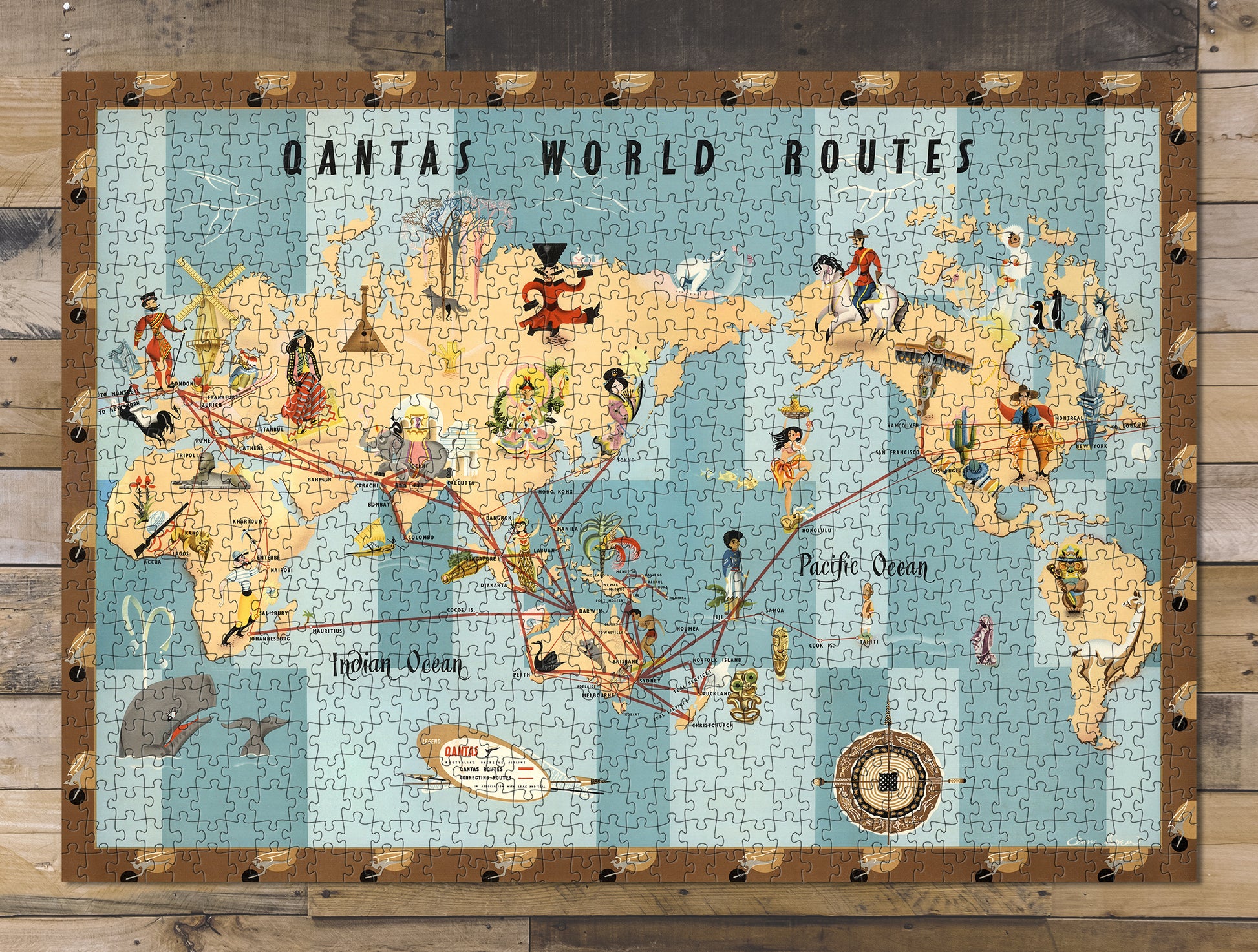1000 piece puzzle 1950 Map of Qantas world routes Anna Drew Jigsaw Puzzle Game for Adults