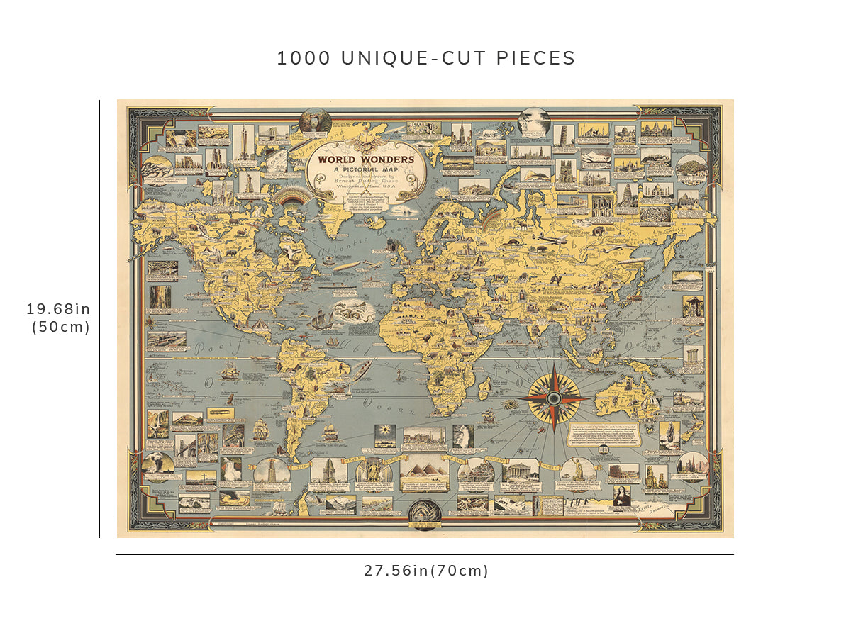 1000 piece puzzle - 1939 Map of World Wonders | Birthday Present Gifts | Family Entertainment | Unique Gift