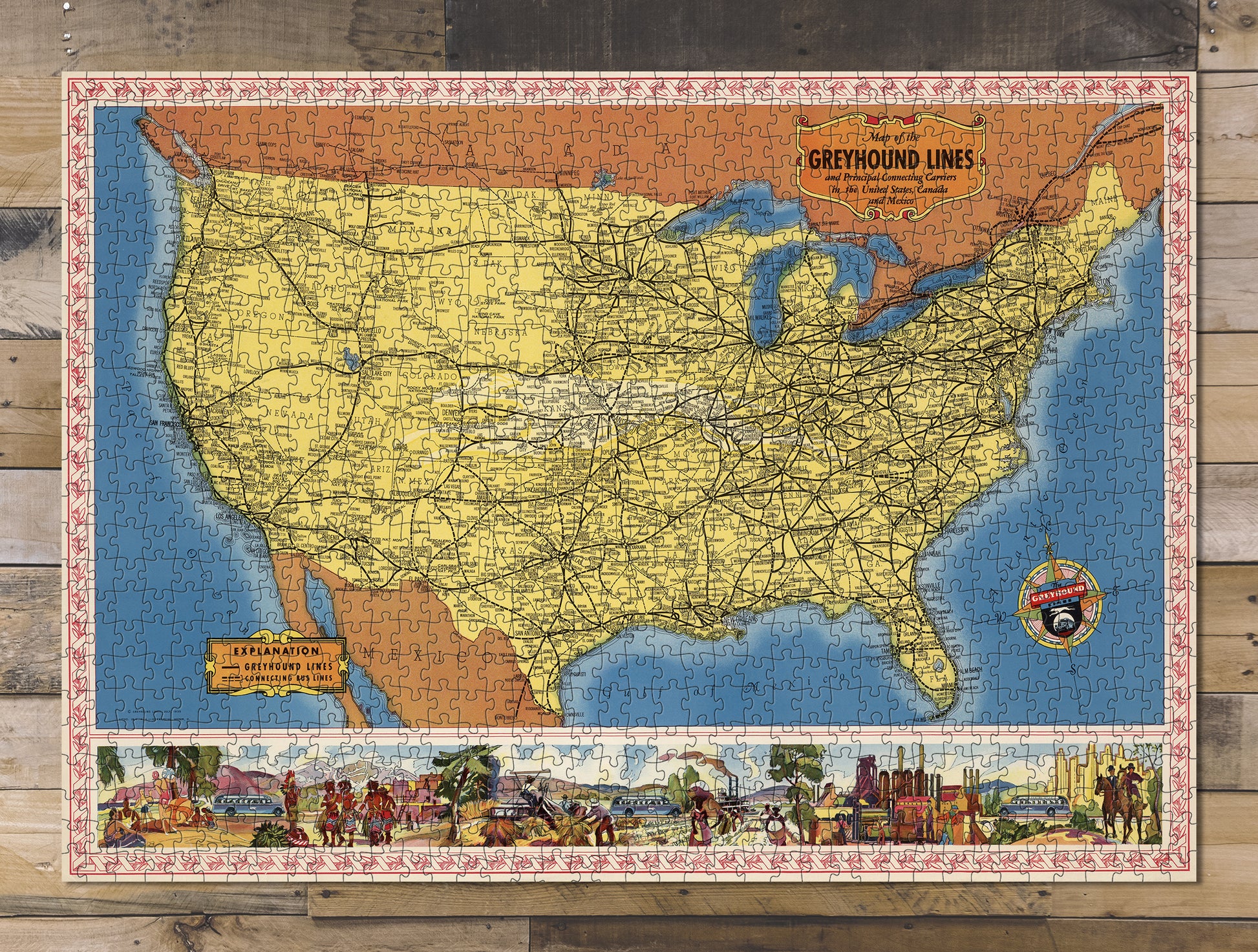 1000 piece puzzle 1935 Map of the Greyhound Lines in the United States, Canada and Mexico Hand made
