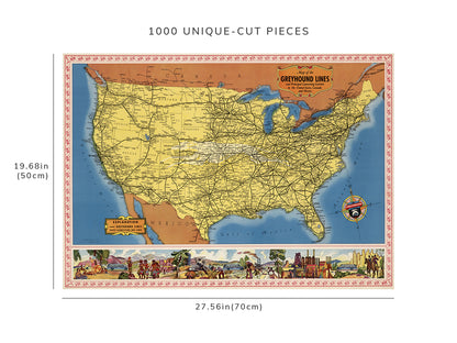 1000 piece puzzle - 1935 Map of the Greyhound Lines in the United States, Canada and Mexico | Hand made
