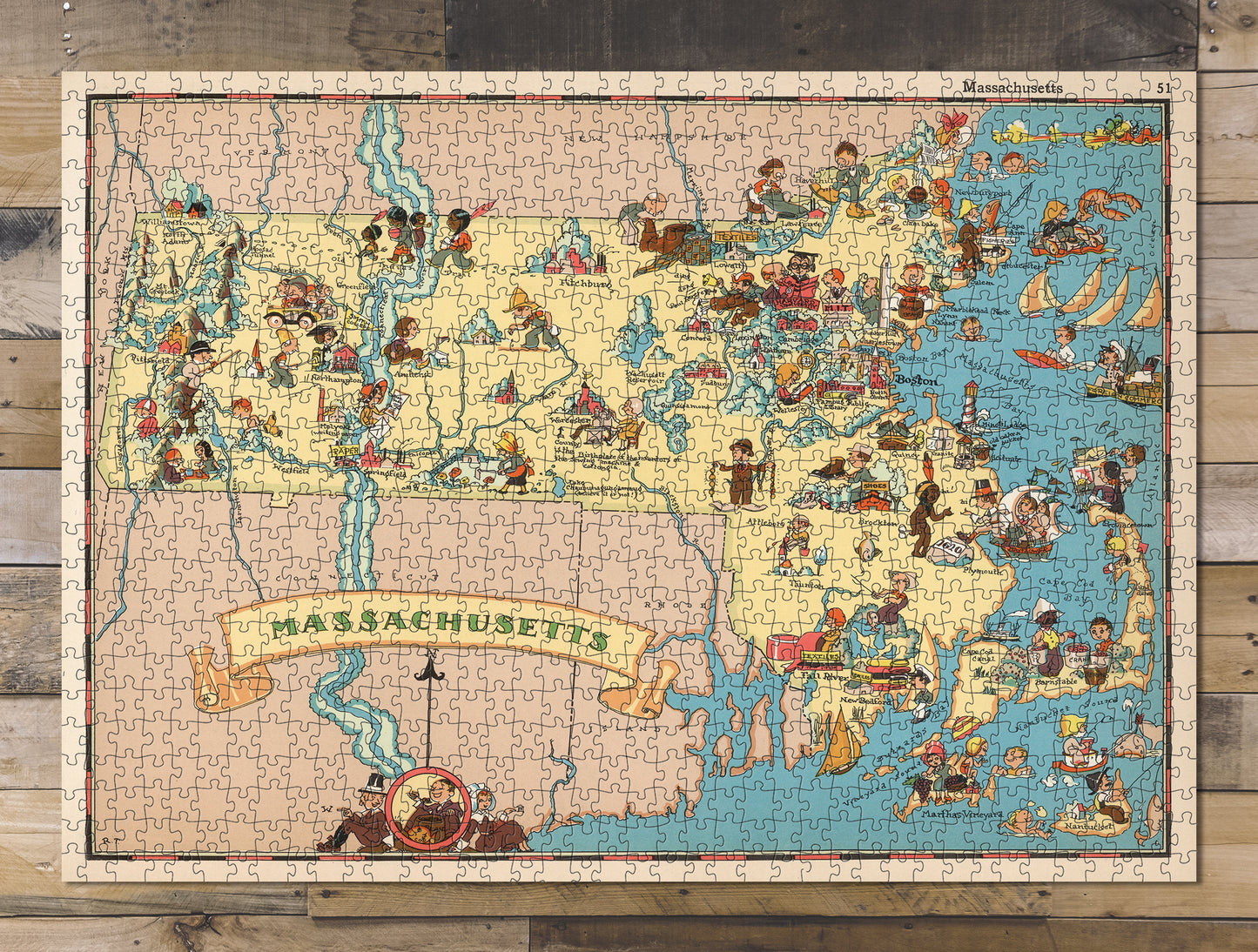 1000 piece puzzle 1935 Map of Massachusetts Family Entertainment Jigsaw Puzzle Game for Adults
