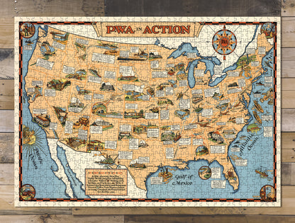 1000 piece puzzle 1935 Map of P.W.A. Public Works Administration in Action Birthday Present Gifts