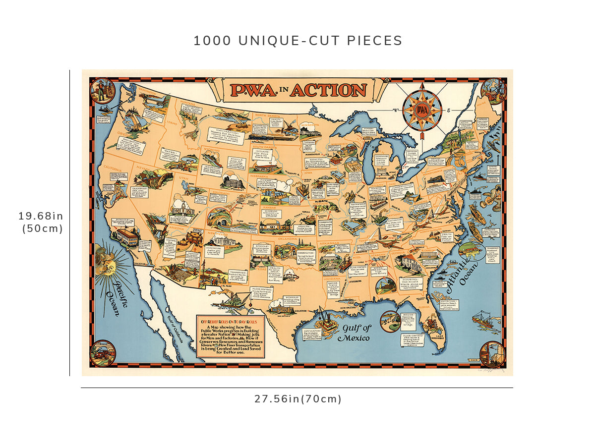 1000 piece puzzle - 1935 Map of P.W.A. Public Works Administration in Action | Birthday Present Gifts