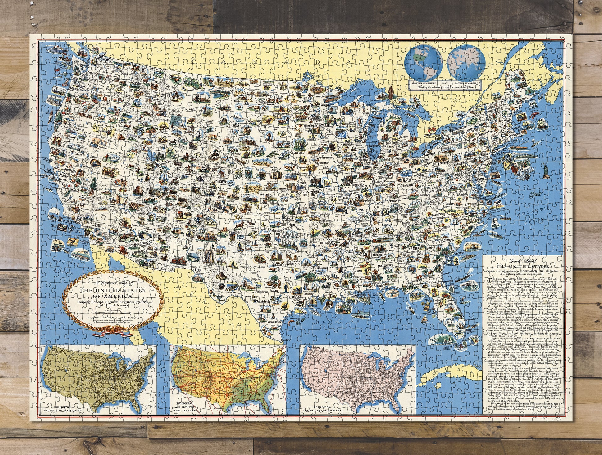 1000 piece puzzle 1950 Map of United States of America Birthday Present Gifts Family Entertainment