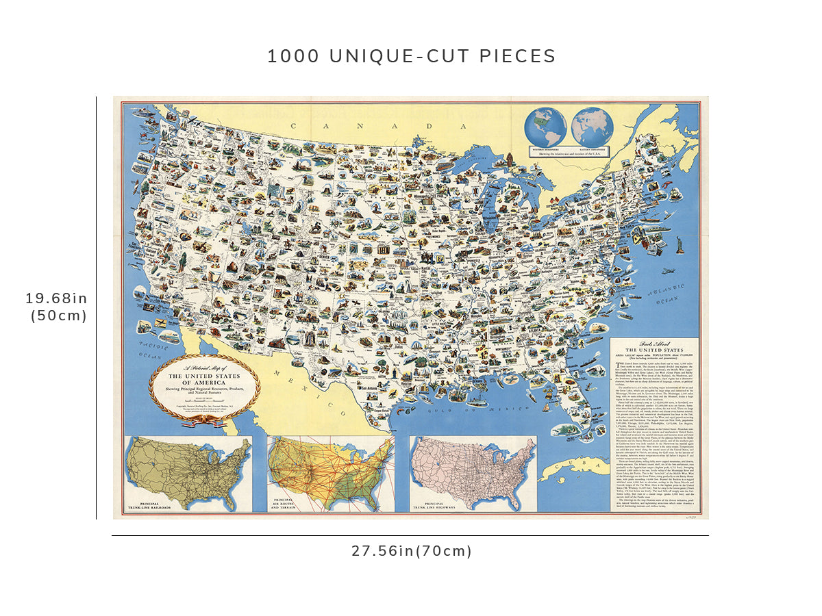 1000 piece puzzle - 1950 Map of United States of America | Birthday Present Gifts | Family Entertainment
