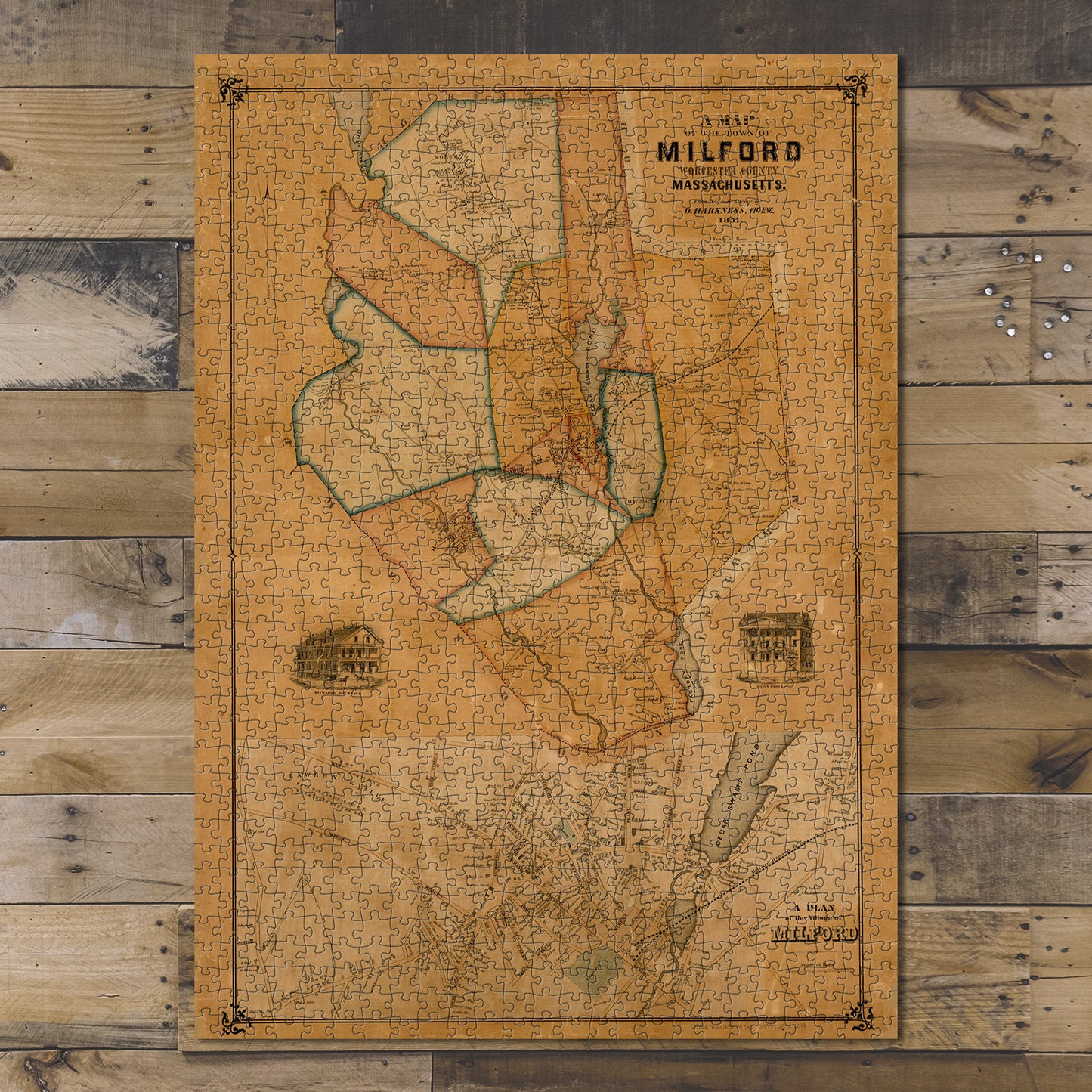 1000 Piece Jigsaw Puzzle 1851 Map | Worcester | Milford of the town of Milford, Worcest