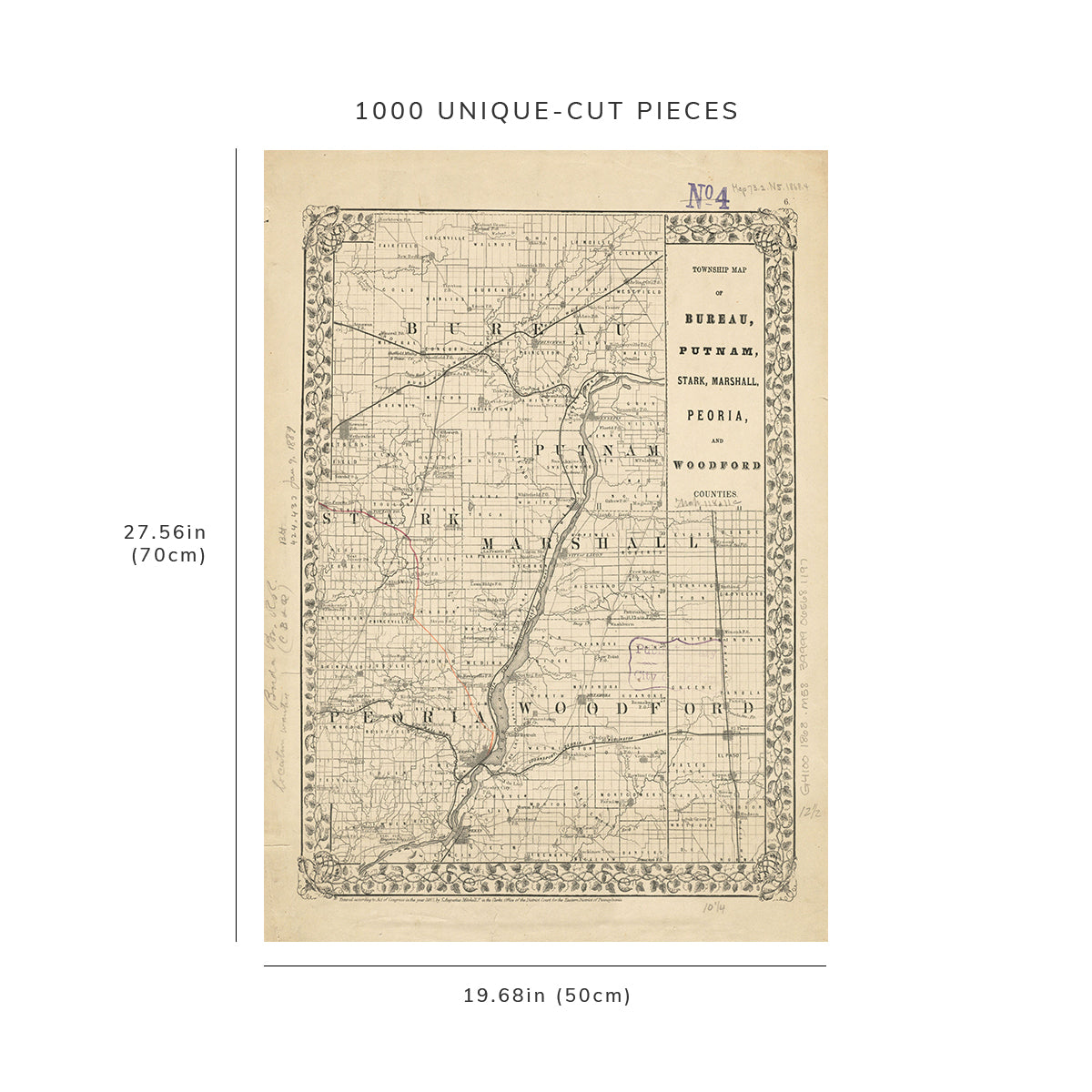 1000 Piece Jigsaw Puzzle: 1868 Map Illinois | Bureau | Township of Bureau, Putnam, Stark