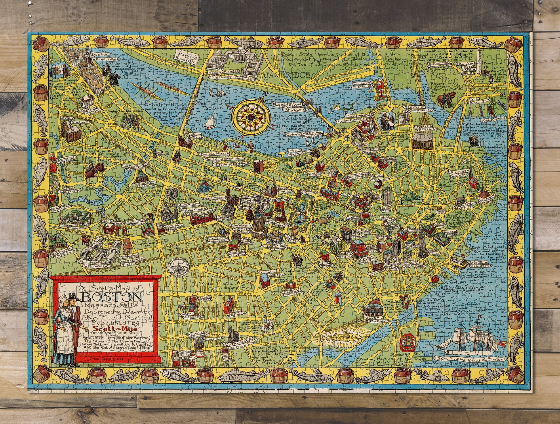 1000 piece puzzle 1950 Map of Boston Jigsaw Puzzle Game for Adults Hand made