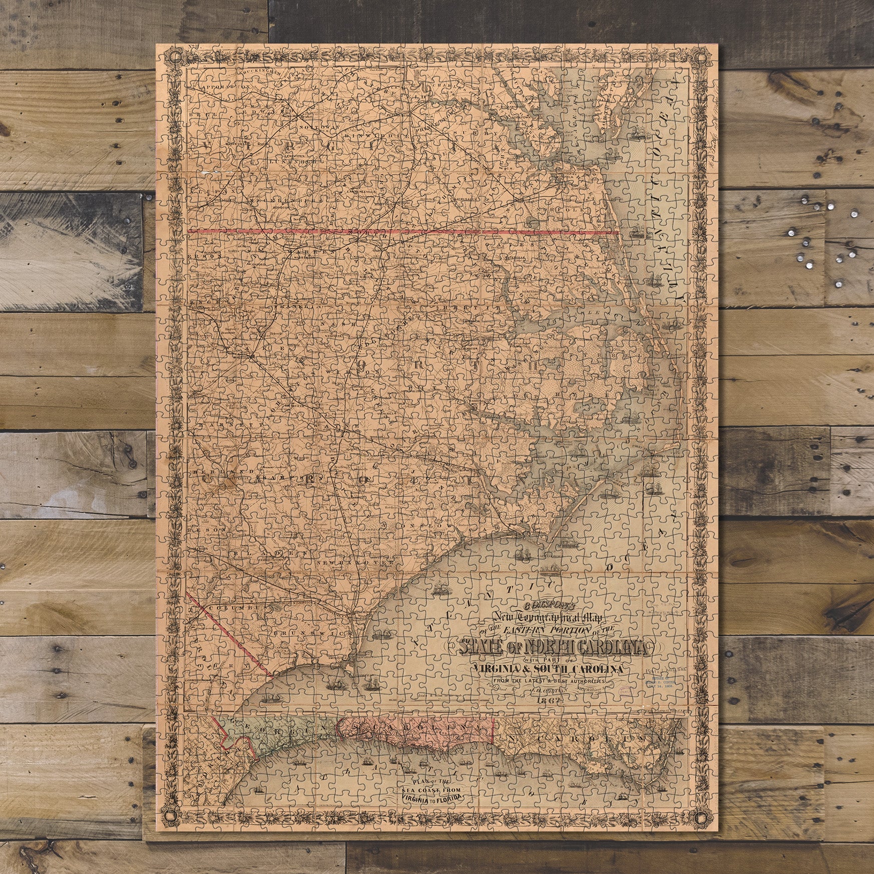 1000 Piece Jigsaw Puzzle 1862 Map North Carolina Colton's new topographical