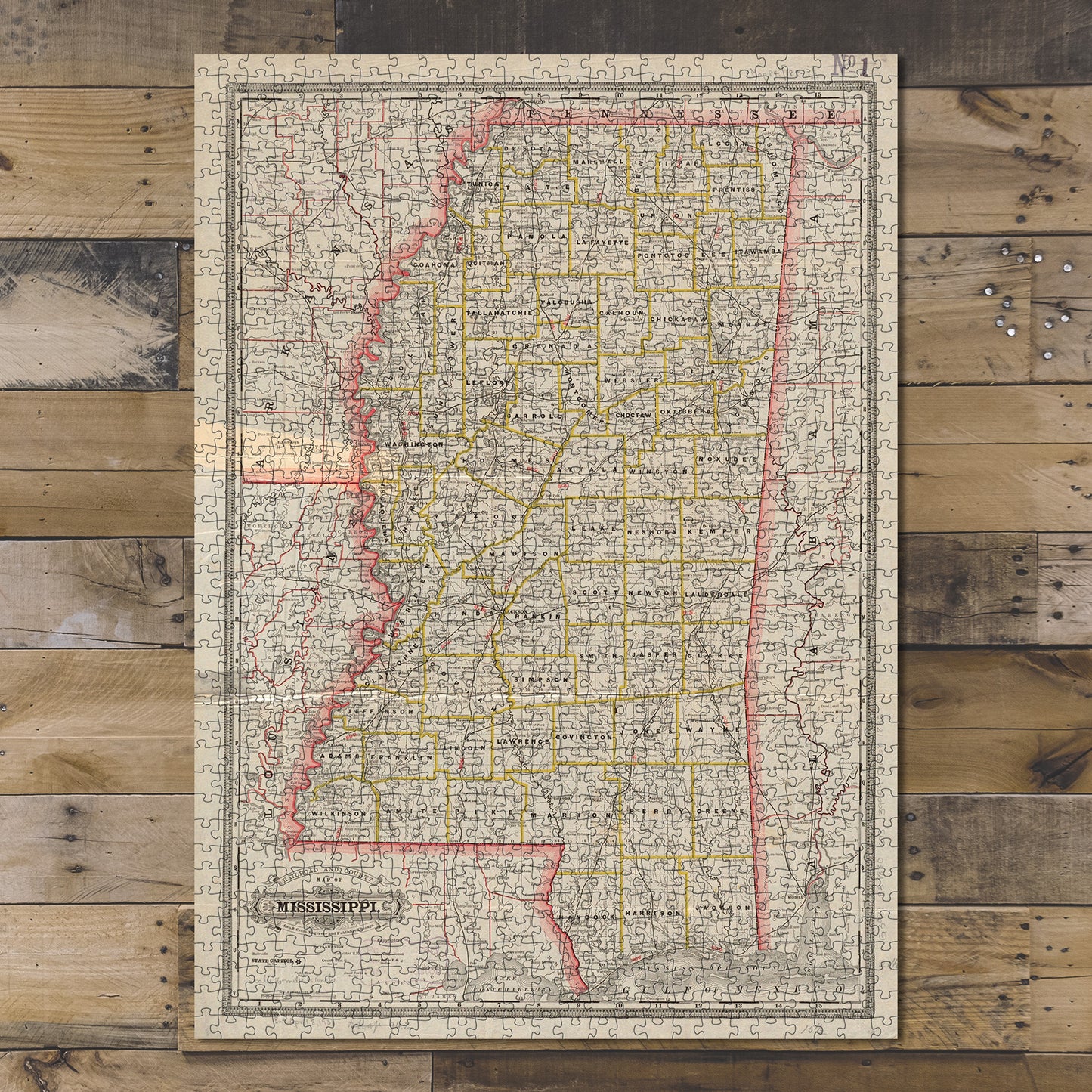 1000 Piece Jigsaw Puzzle 1880–1889 Map | Railroad and county map of Mississippi
