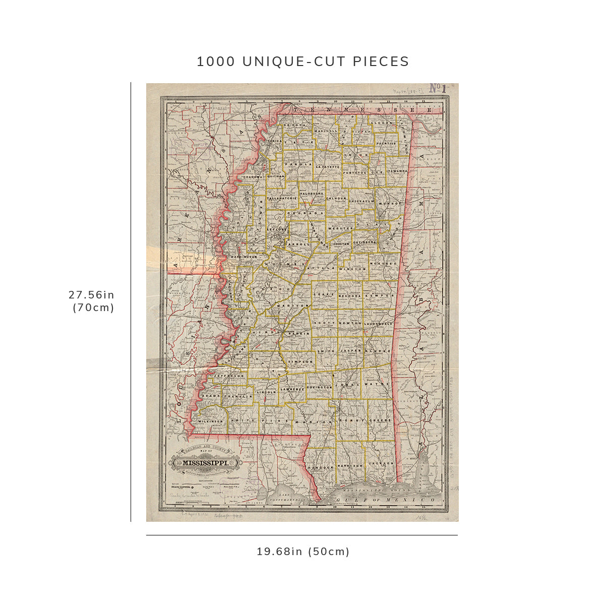 1000 Piece Jigsaw Puzzle: 1880–1889 Map | Railroad and county map of Mississippi