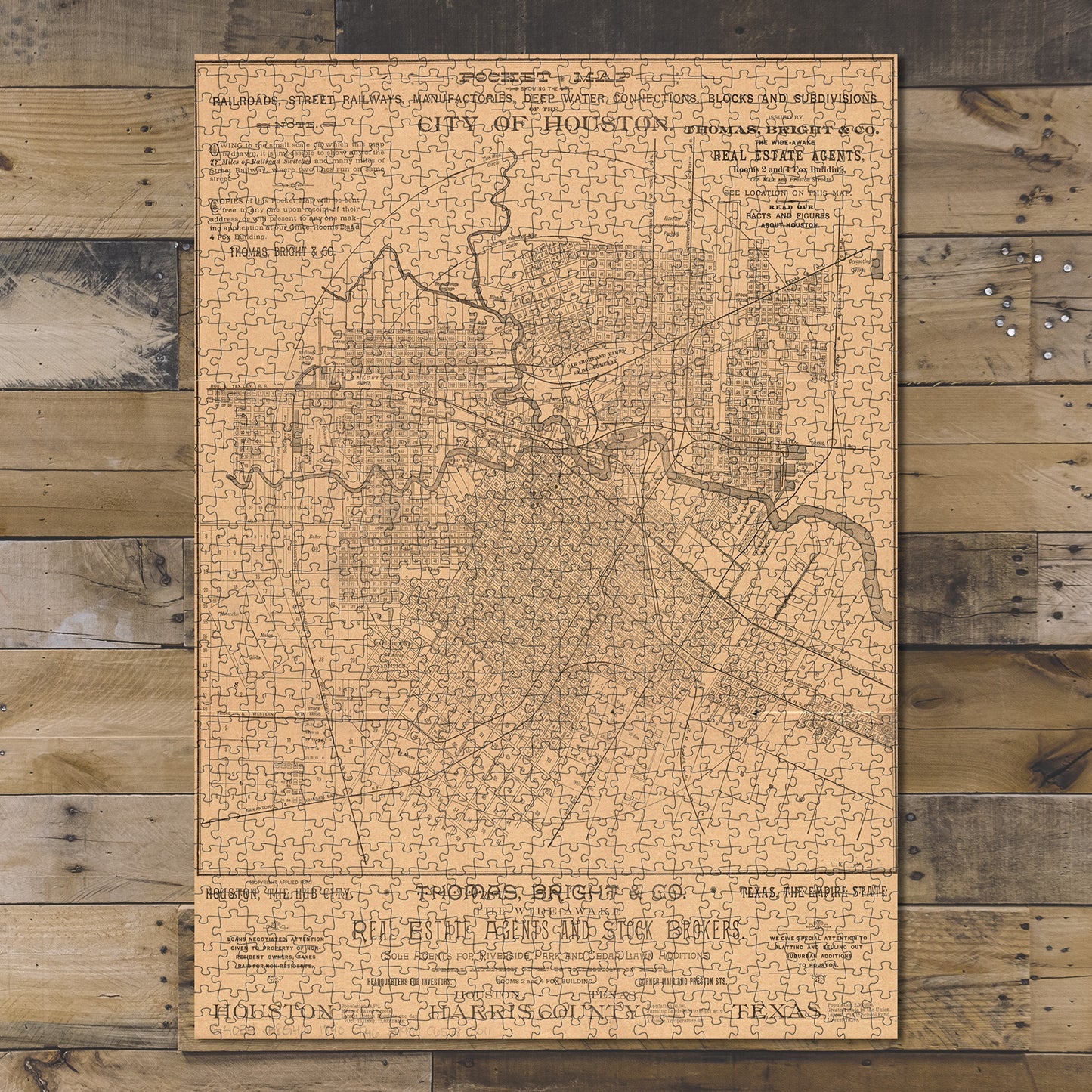 1000 Piece Jigsaw Puzzle 1890 Map Texas | Harris | Houston Pocket showing the railroads
