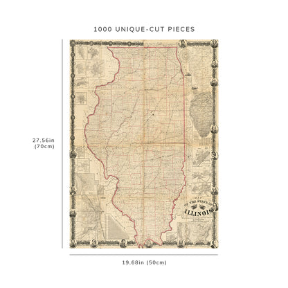 1000 Piece Jigsaw Puzzle: 1863 Map Illinois of the state of Illinois Includes time dial