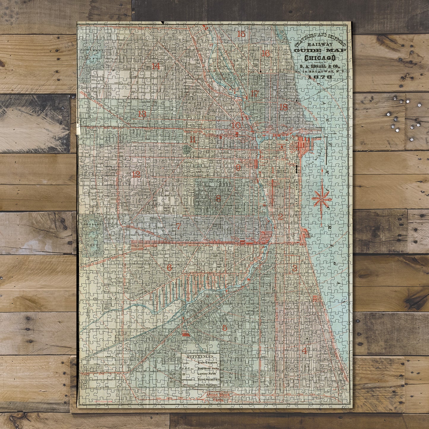 1000 Piece Jigsaw Puzzle 1878 Map Illinois | Chicago Travelers' and shippers' railway