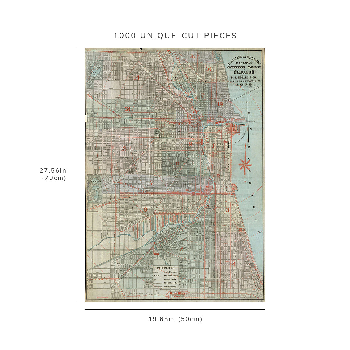 1000 Piece Jigsaw Puzzle: 1878 Map Illinois | Chicago Travelers' and shippers' railway