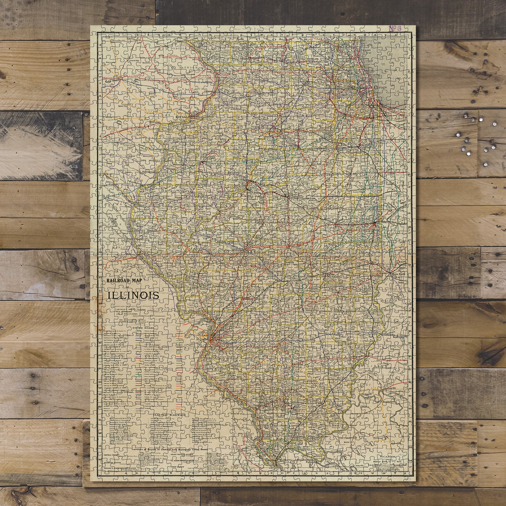 1000 Piece Jigsaw Puzzle 1910 Map Illinois Railroad of Illinois Rand, McNally & Co.'s