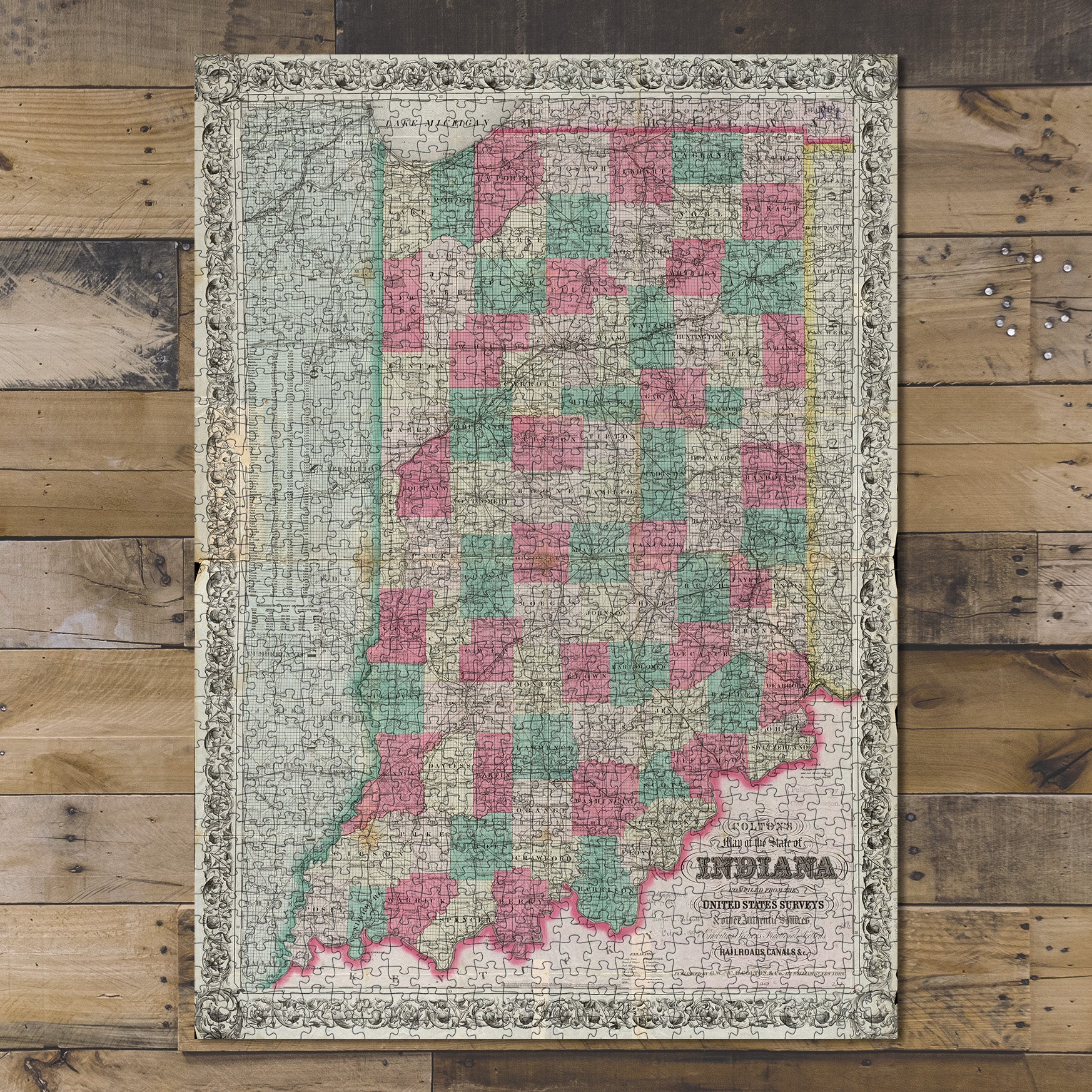 1000 Piece Jigsaw Puzzle 1869 Map | Map of the state of Indiana Prime meridian