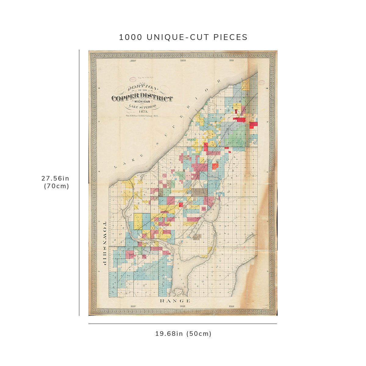 1000 Piece Jigsaw Puzzle: 1873 Map Michigan | Houghton | Portion of the copper district