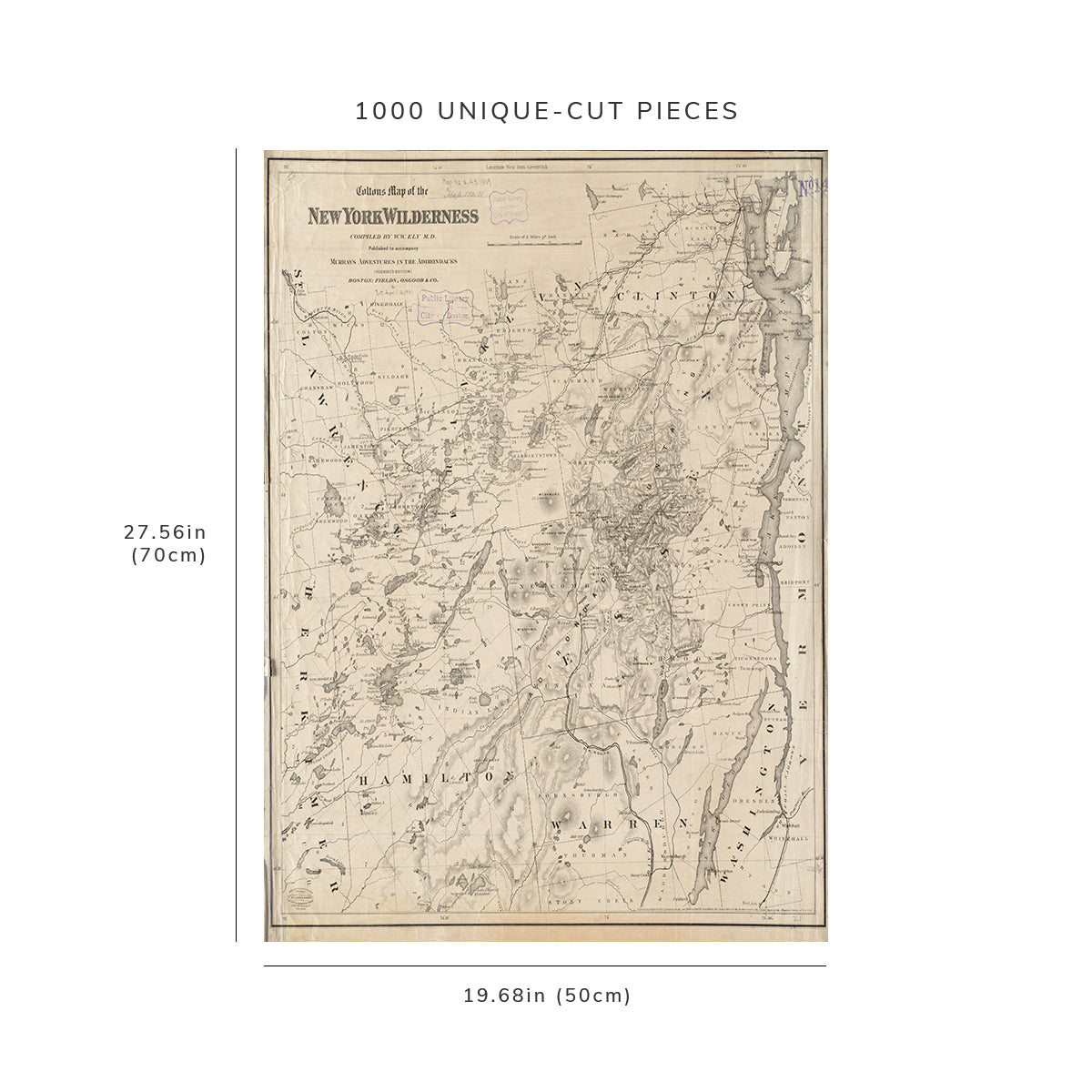 1000 Piece Jigsaw Puzzle: 1869 Map New York | Adirondack Mountains | Colton's Map