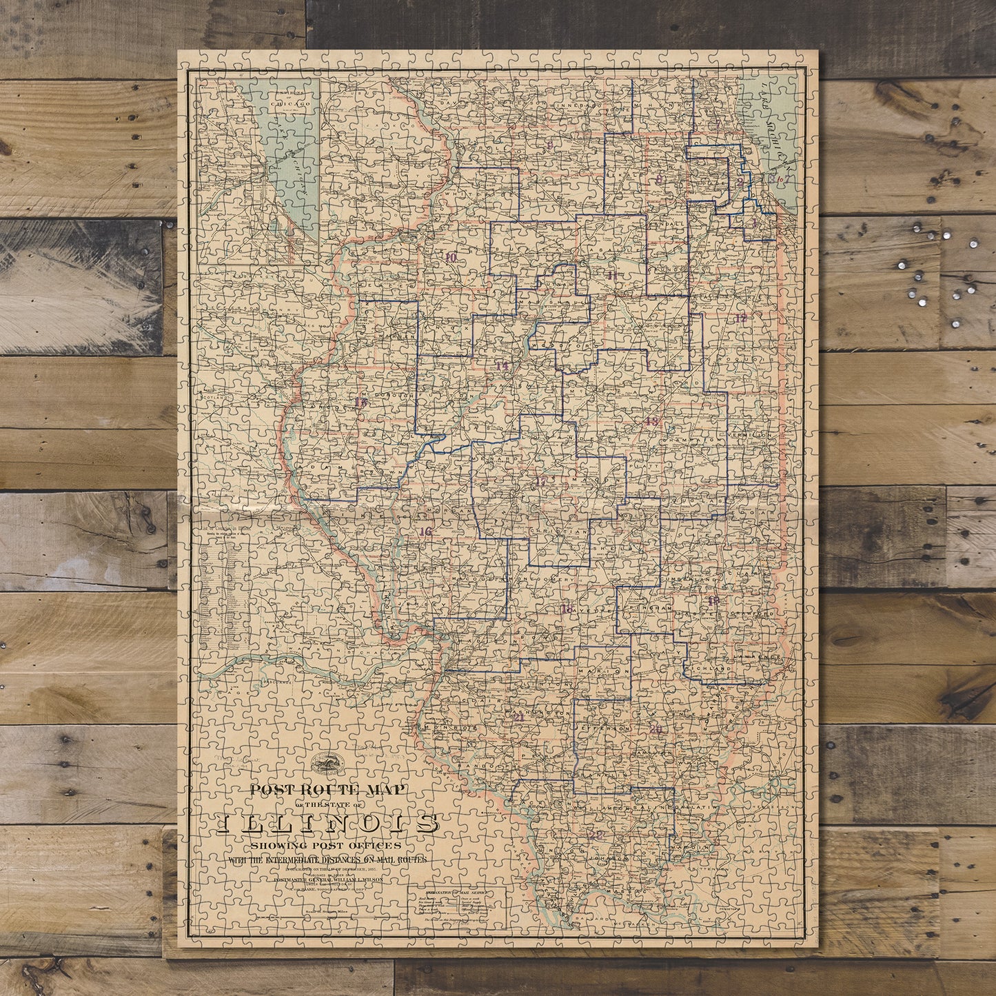 1000 Piece Jigsaw Puzzle 1895 Map Illinois Post route of the state of Illinois