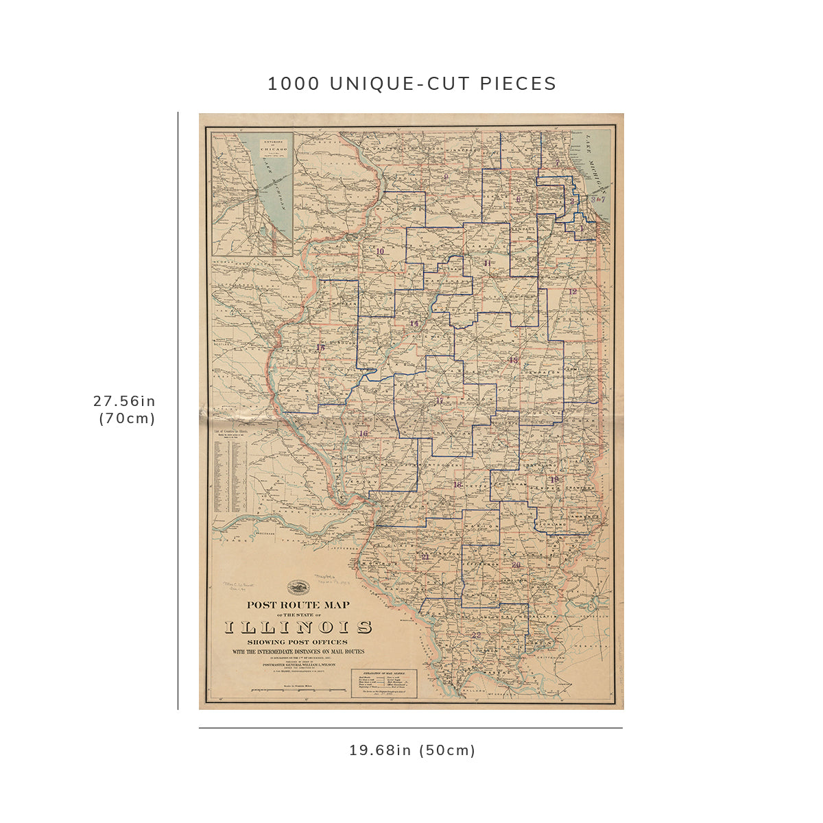 1000 Piece Jigsaw Puzzle: 1895 Map Illinois Post route of the state of Illinois