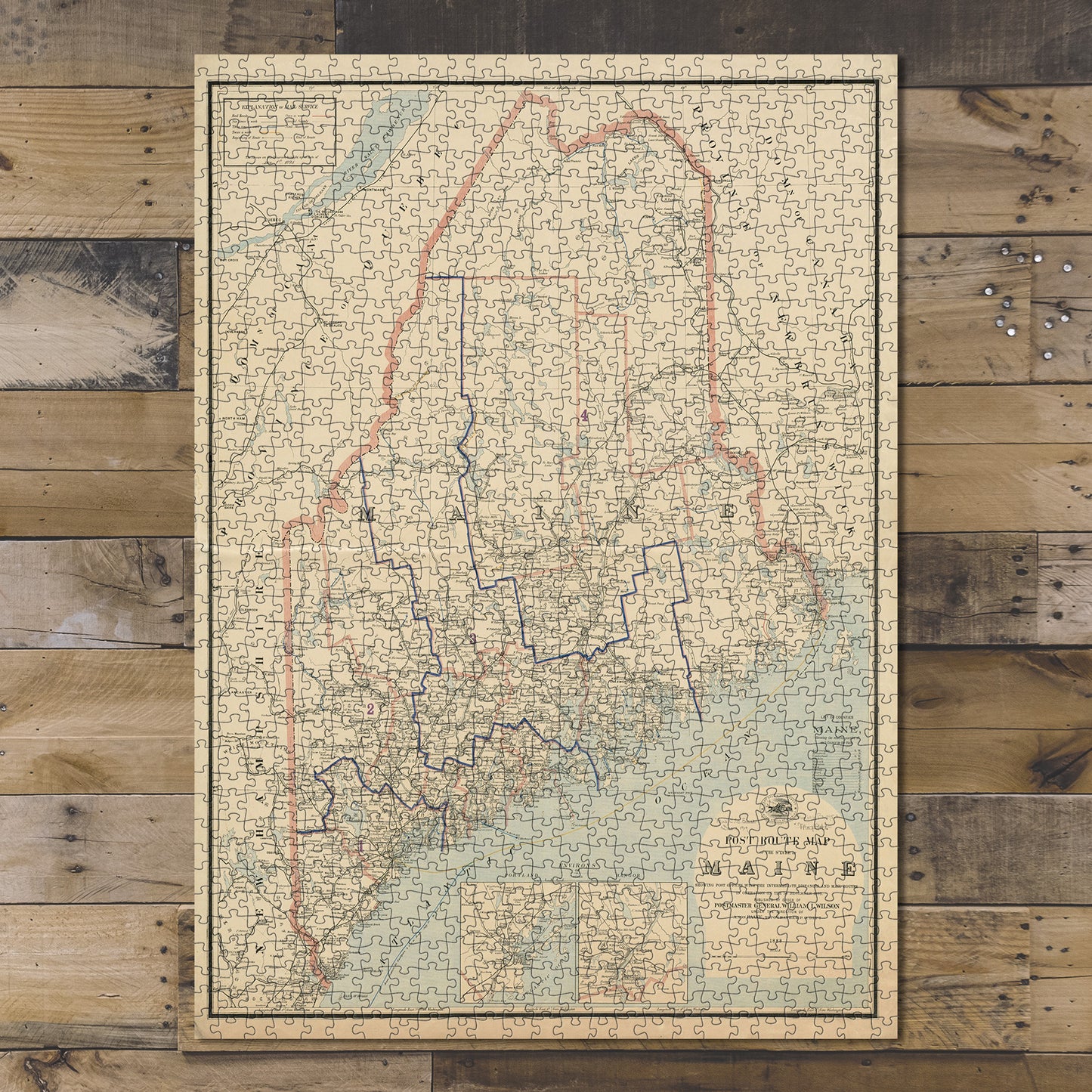 1000 Piece Jigsaw Puzzle 1888 Map of the State of Maine Post route