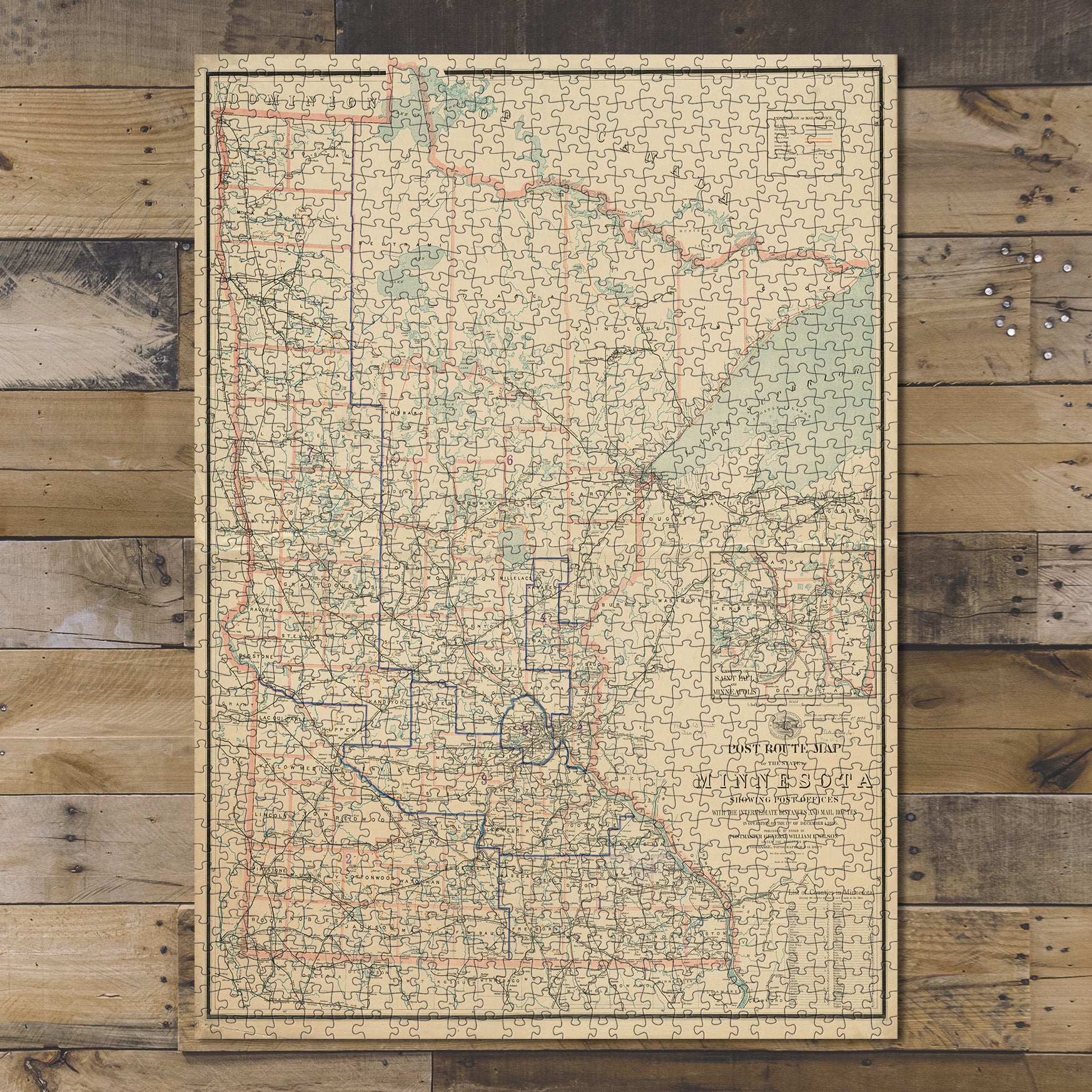 1000 Piece Jigsaw Puzzle 1895 Map State of Minnesota Post route