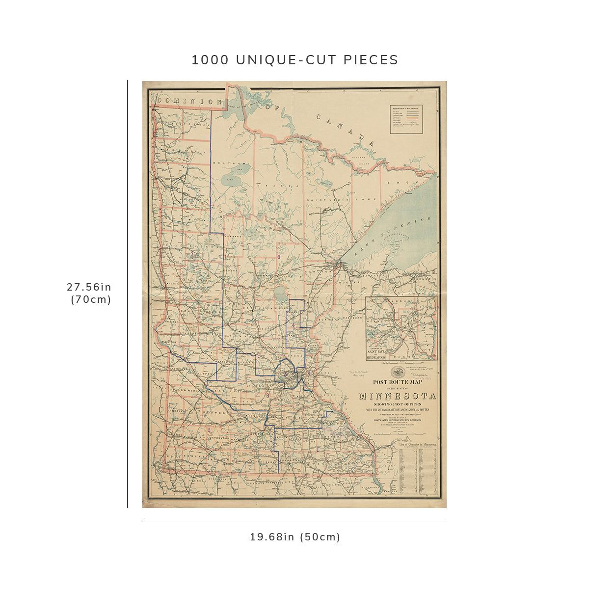 1000 Piece Jigsaw Puzzle: 1895 Map State of Minnesota Post route