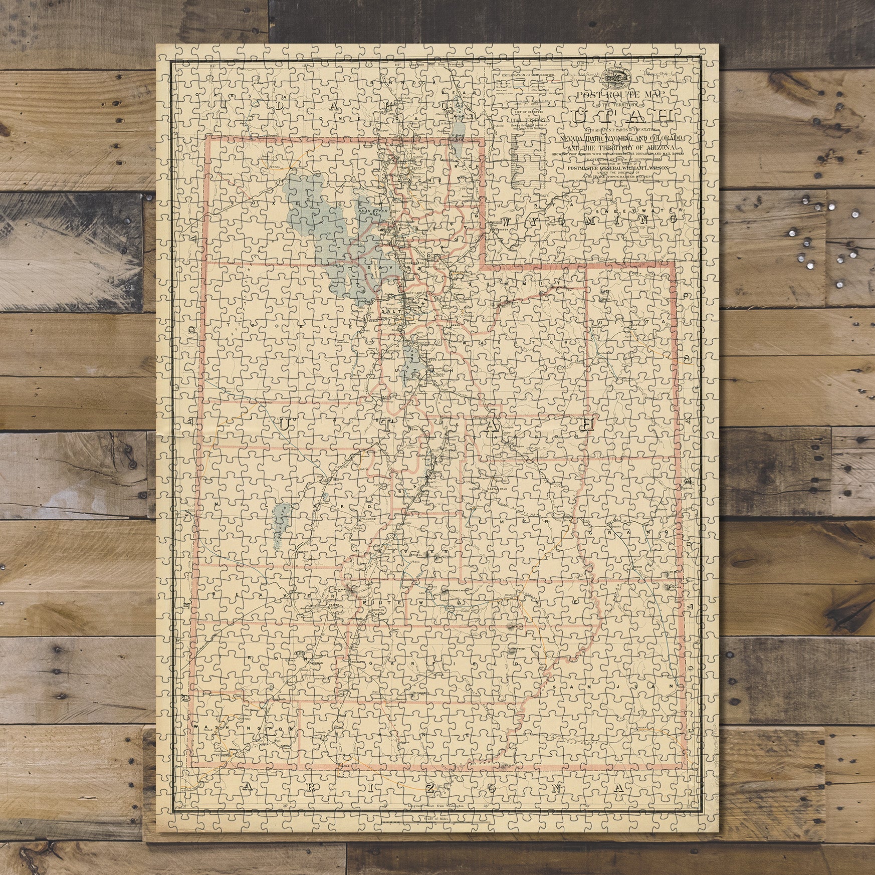 1000 Piece Jigsaw Puzzle 1895 Map Utah, Nevada, Idaho Post routes