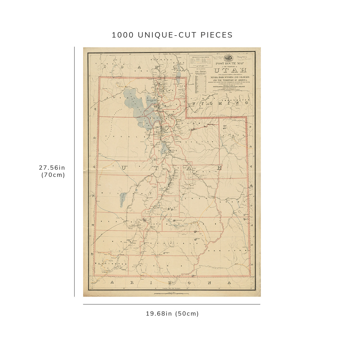 1000 Piece Jigsaw Puzzle: 1895 Map Utah, Nevada, Idaho Post routes