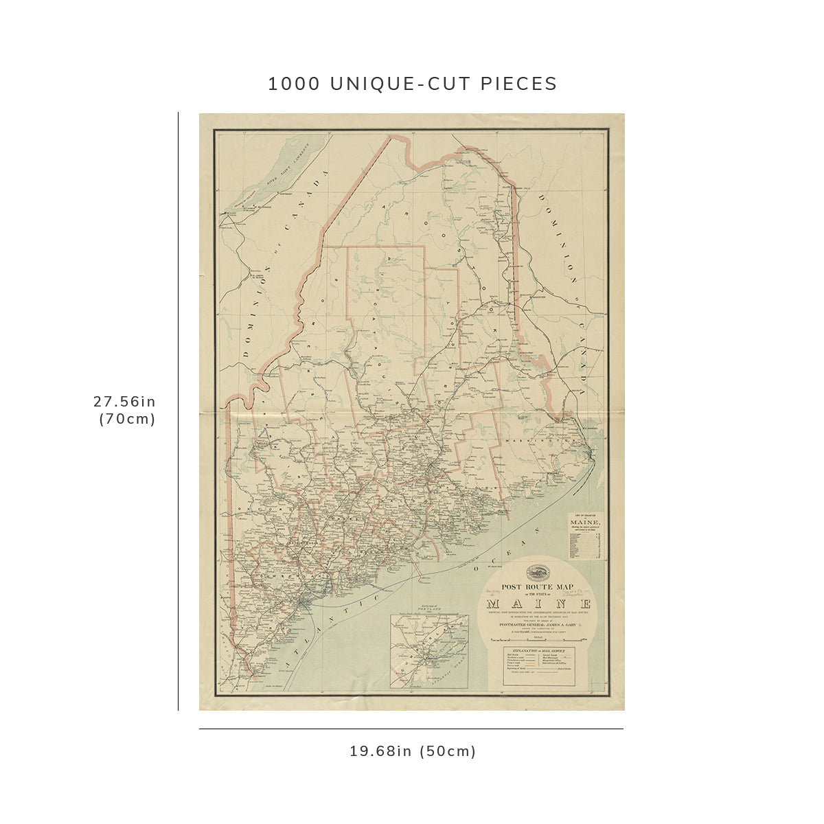 1000 Piece Jigsaw Puzzle: 1897 Map Post route of the state of Maine showing post office