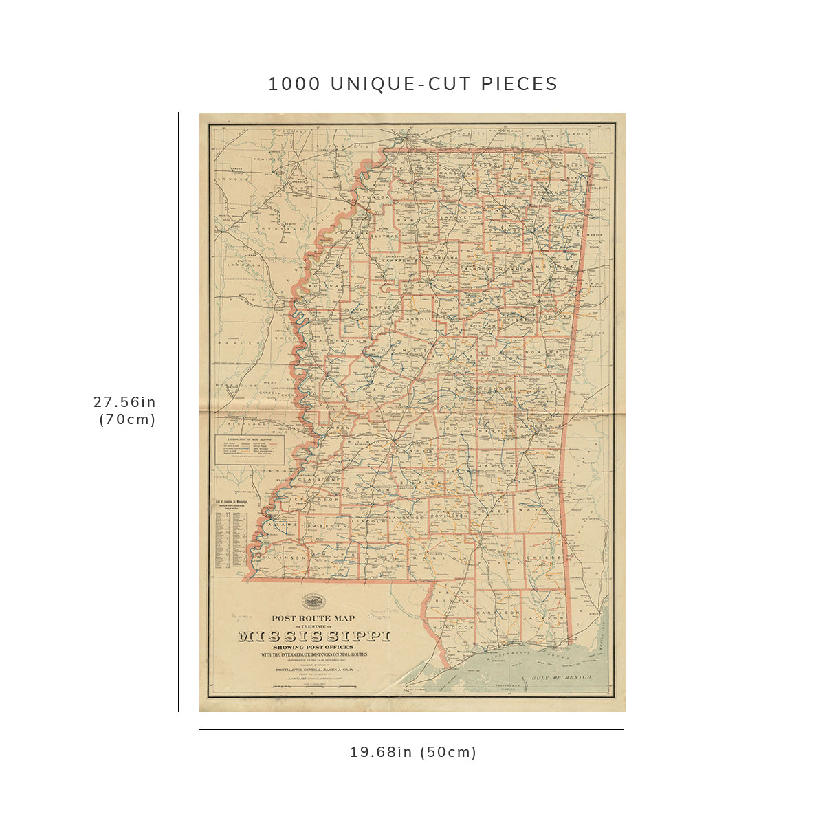 1000 Piece Jigsaw Puzzle: 1897 Map Mississippi Post route of the state of Mississippi