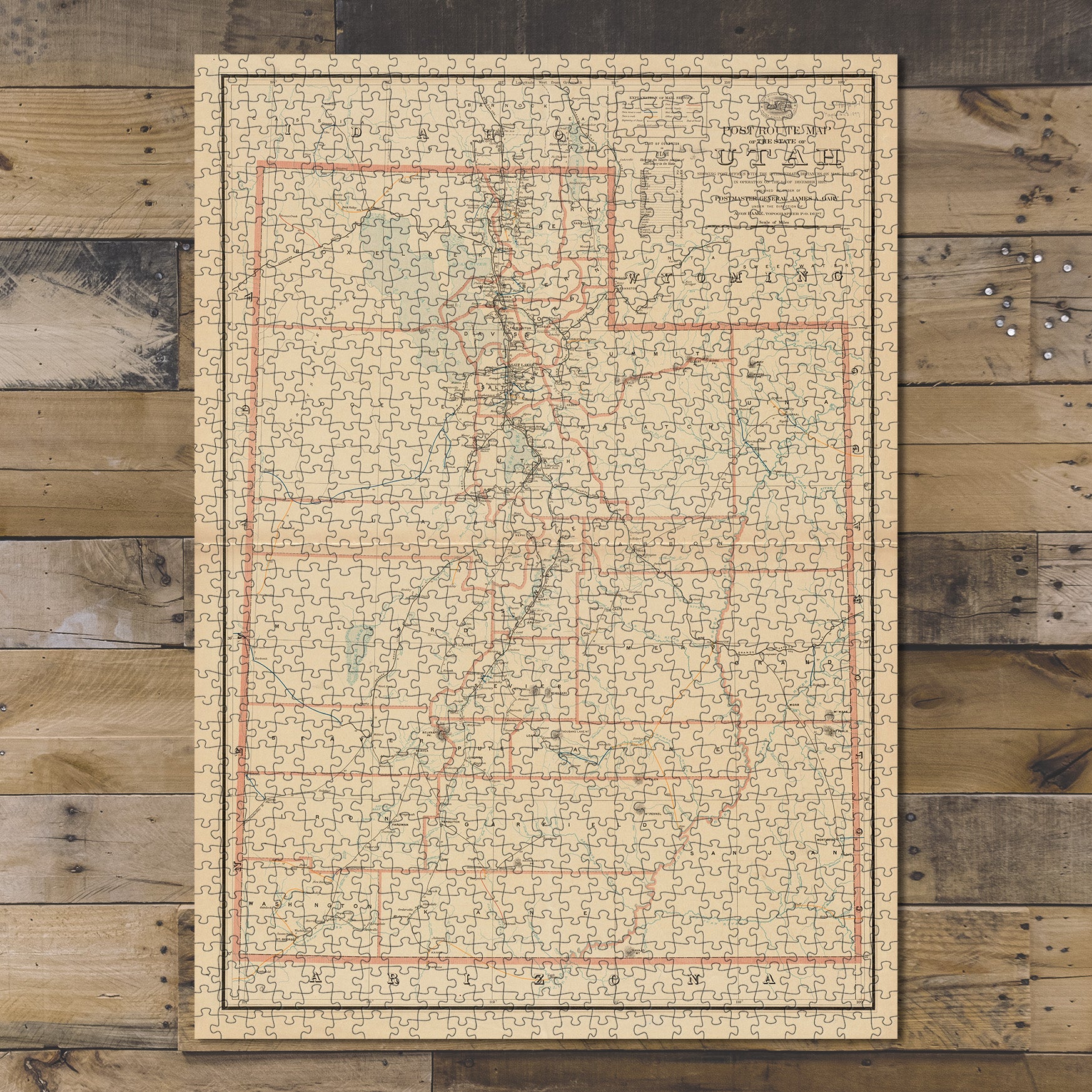 1000 Piece Jigsaw Puzzle 1897 Map Post route of the state of Utah showing post office