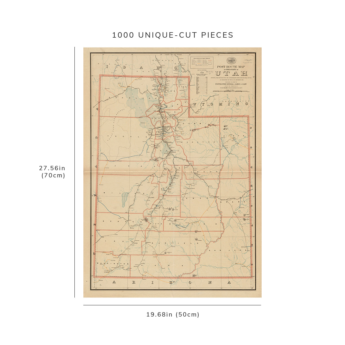 1000 Piece Jigsaw Puzzle: 1897 Map Post route of the state of Utah showing post office