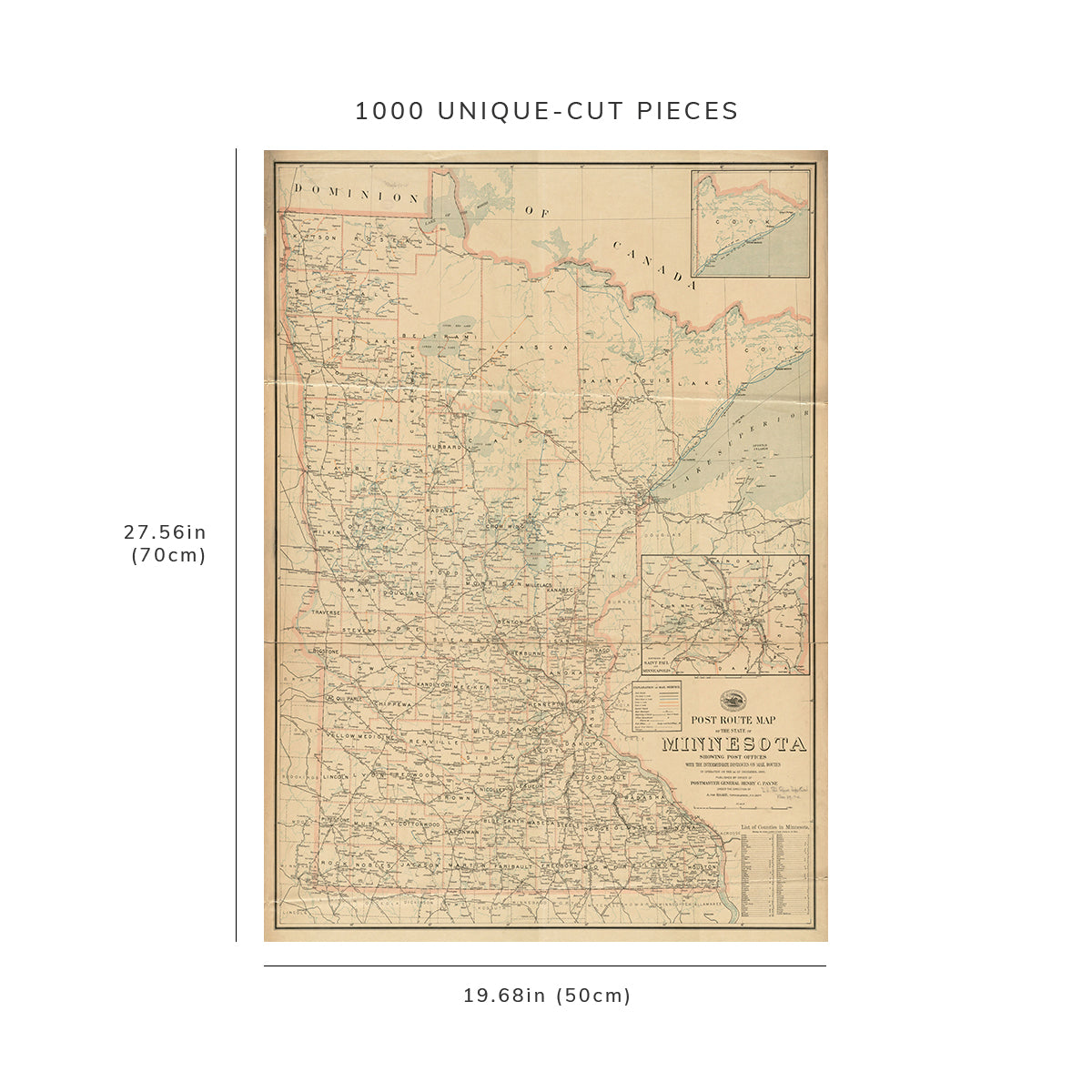 1000 Piece Jigsaw Puzzle: 1903 Map Minnesota Post route of the state of Minnesota