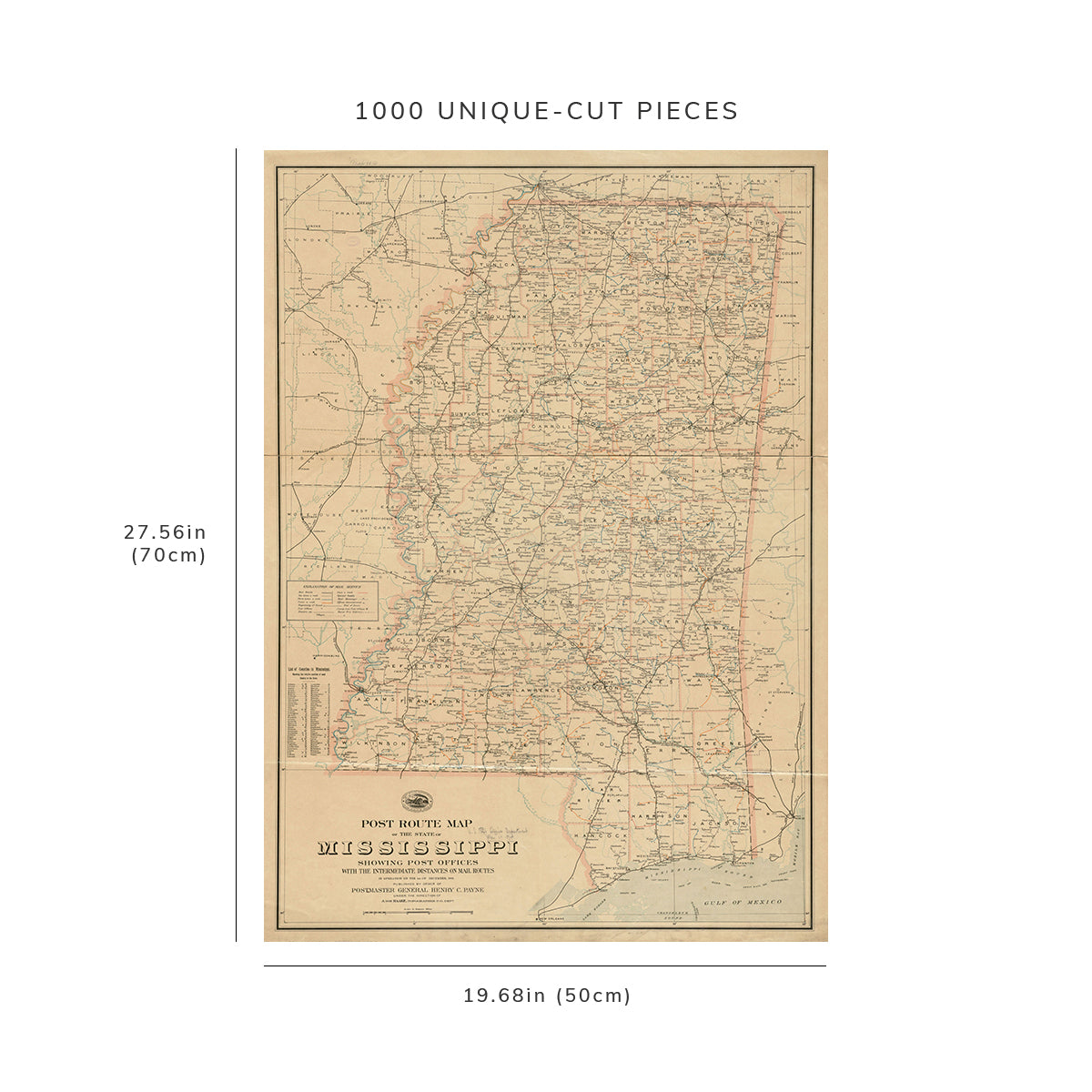 1000 Piece Jigsaw Puzzle: 1903 Map Mississippi Post route of the state of Mississippi