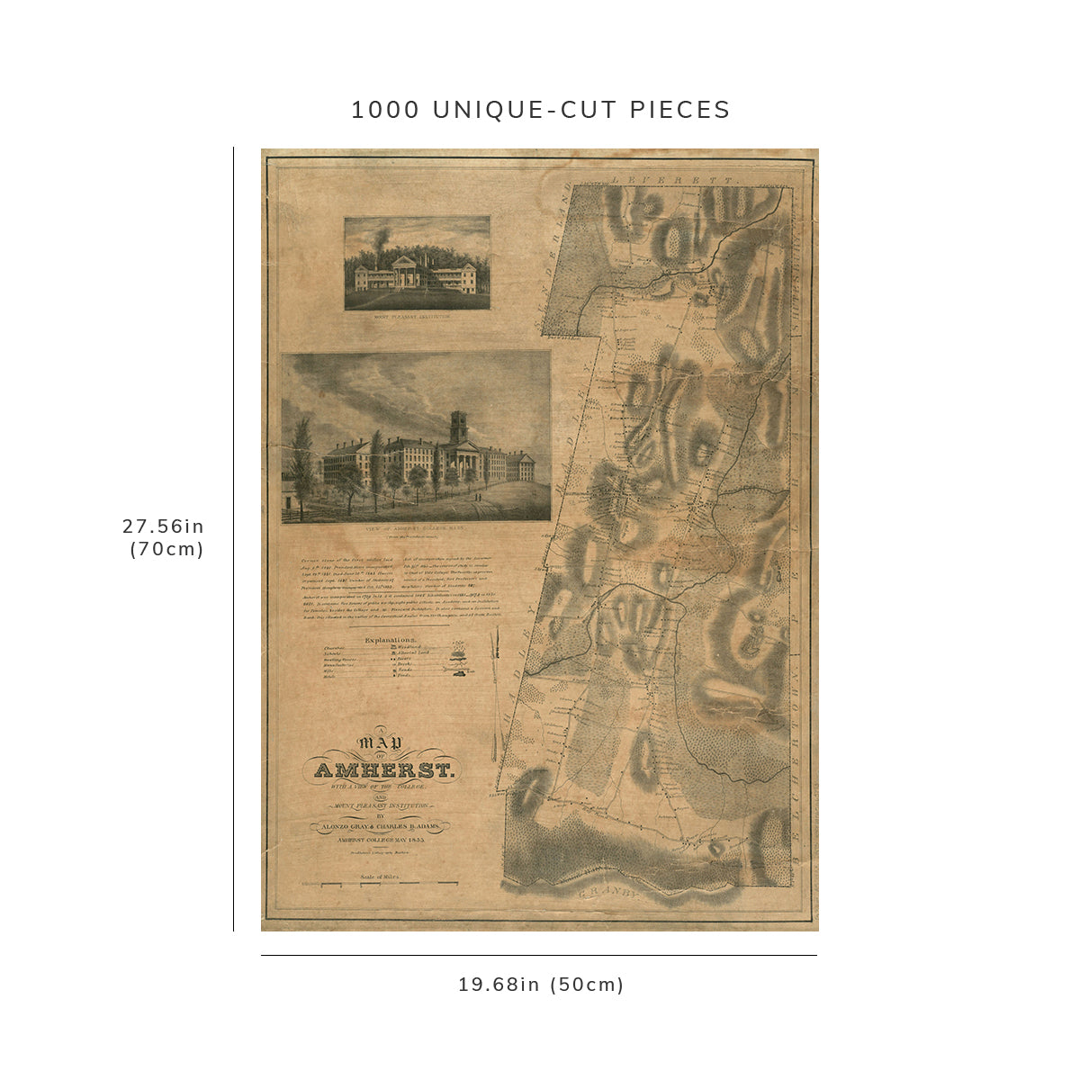 1000 Piece Jigsaw Puzzle: 1833 Map | Hampshire | Amherst | Amherst College