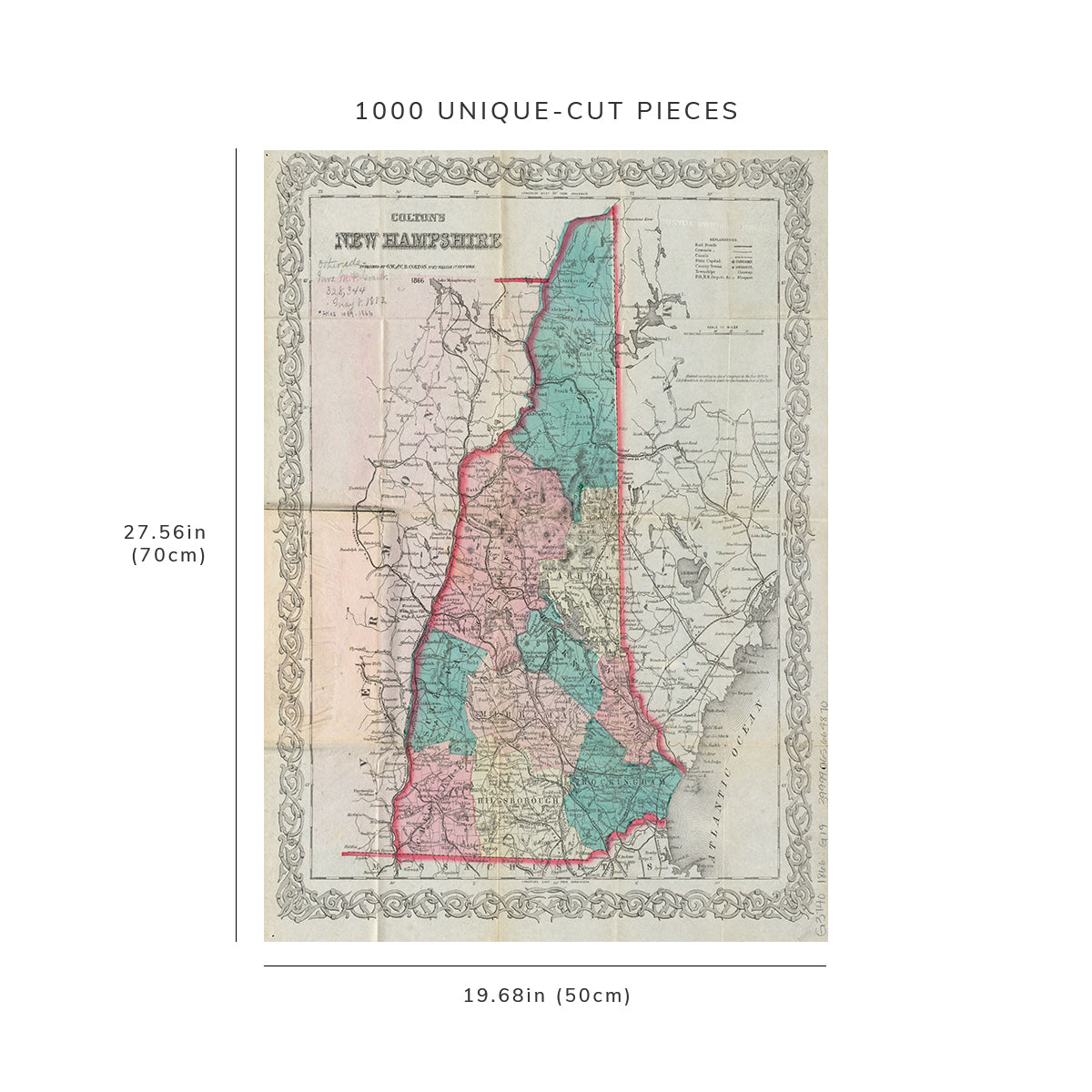 1000 Piece Jigsaw Puzzle: 1866 Map New Hampshire Colton's New Hampshire map