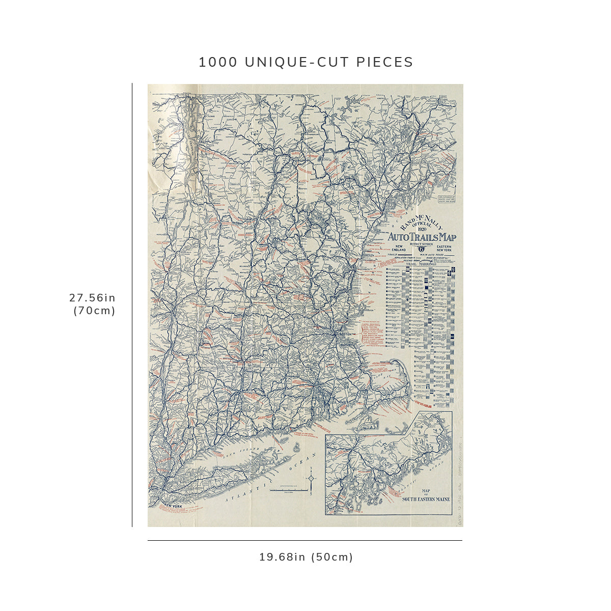 1000 Piece Jigsaw Puzzle: 1920 Map New England | New York Rand McNally official 1920