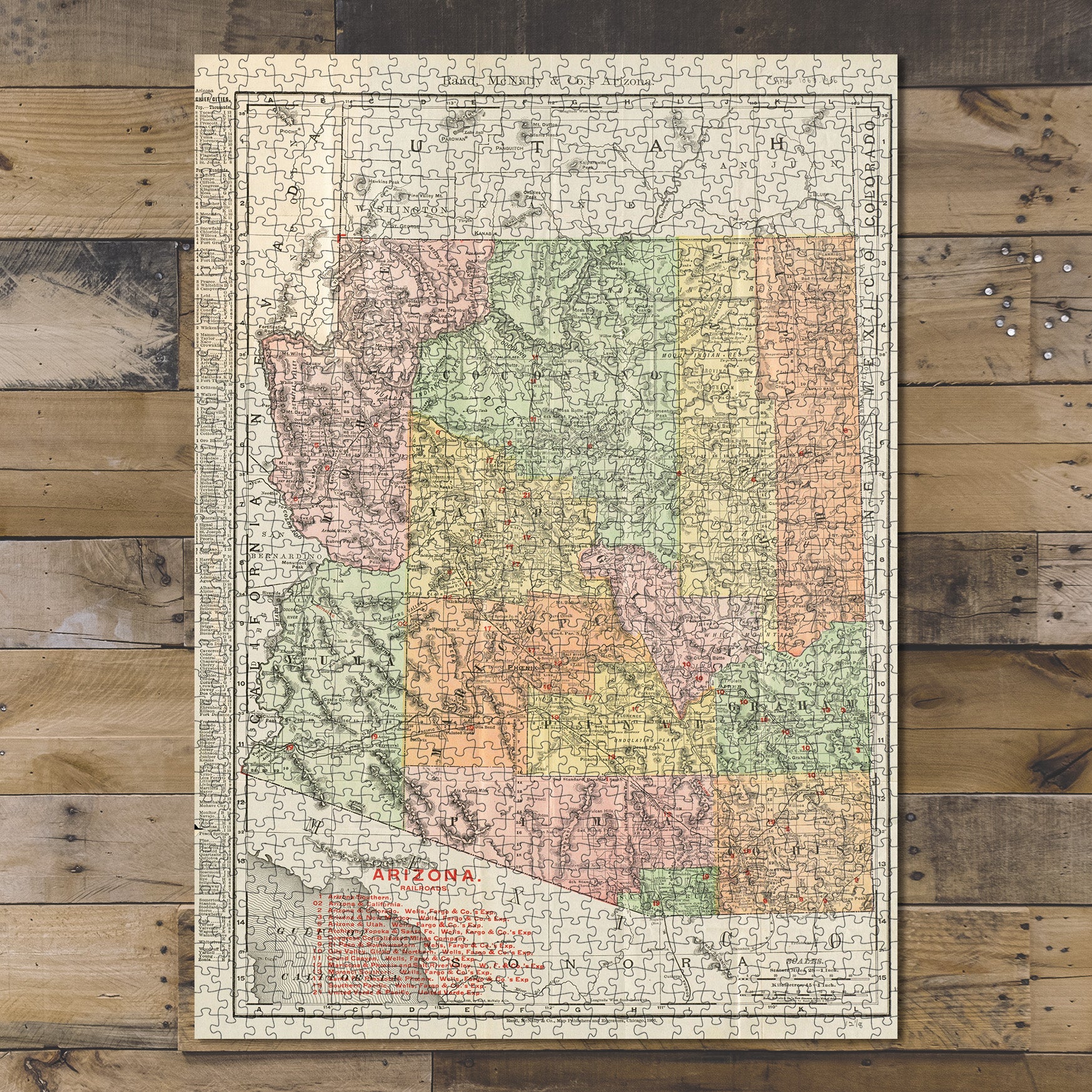1000 Piece Jigsaw Puzzle 1906 Map Arizona Rand, McNally & Co.'s Arizona Rand McNally 