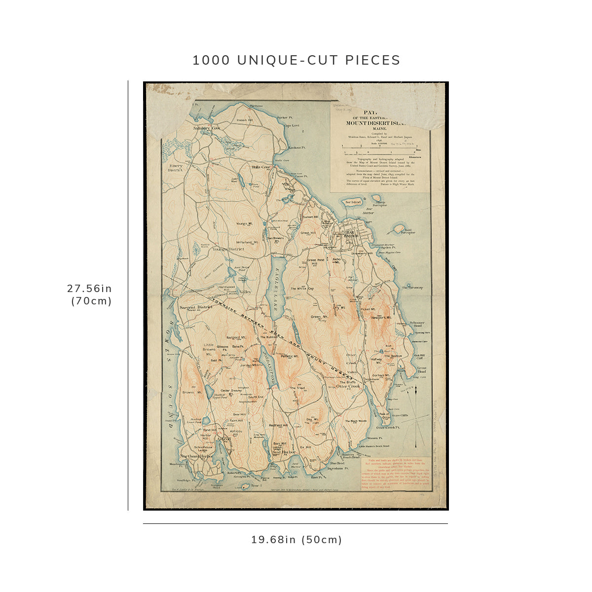 1000 Piece Jigsaw Puzzle: 1896 Map Maine | Hancock | Mount Desert Island Path