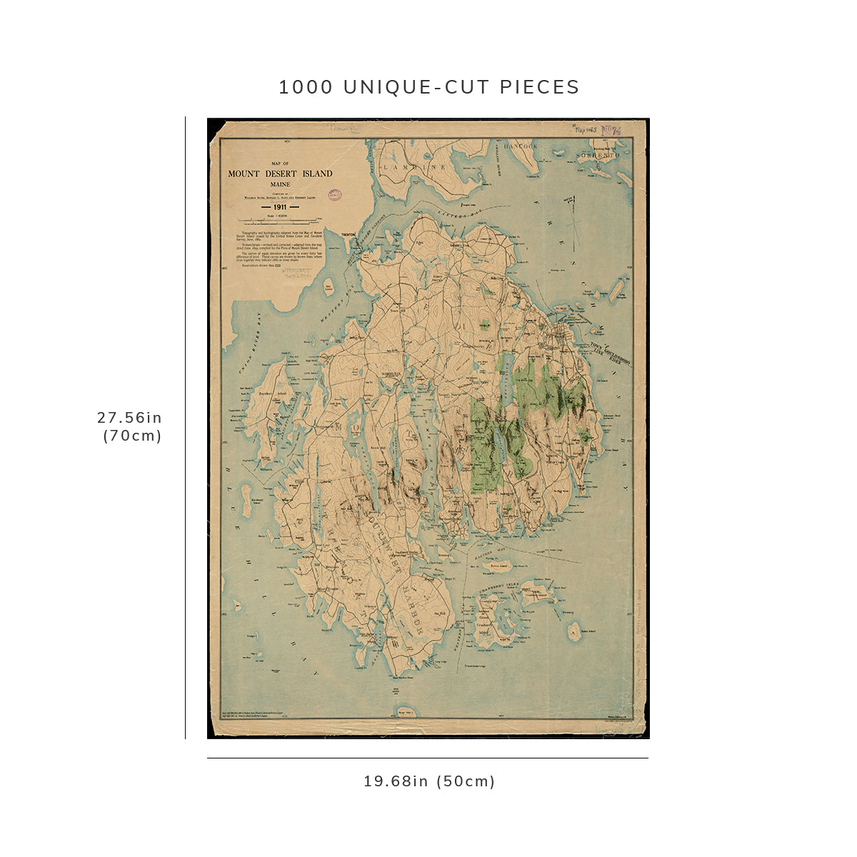 1000 Piece Jigsaw Puzzle: 1911 Map Maine | Hancock | Mount Desert Island of Mount Desert